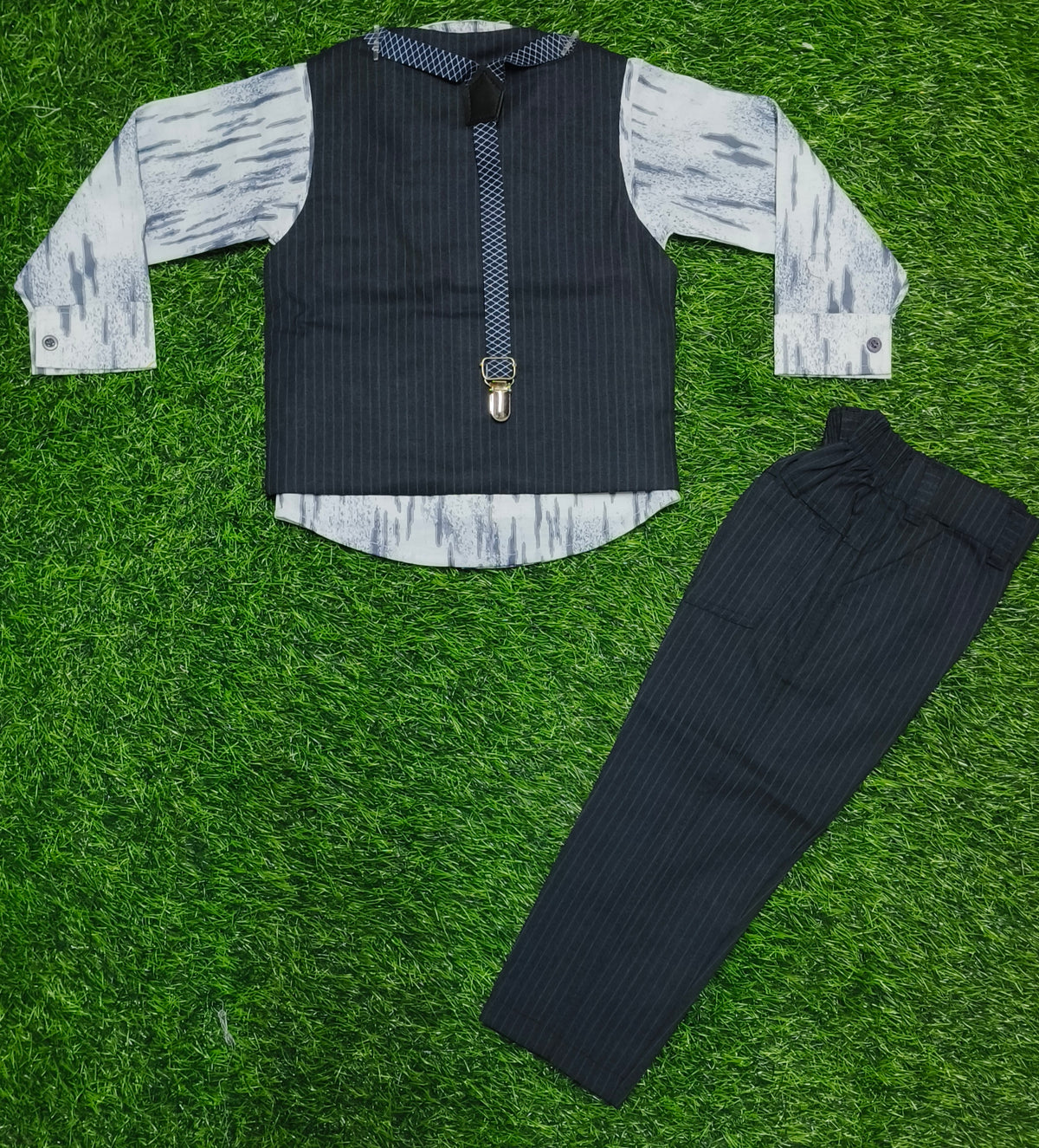 Boys Dark Grey Pinstripe Waistcoat Party Wear Set