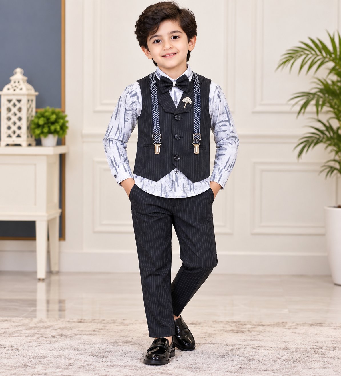 Boys Dark Grey Pinstripe Waistcoat Party Wear Set