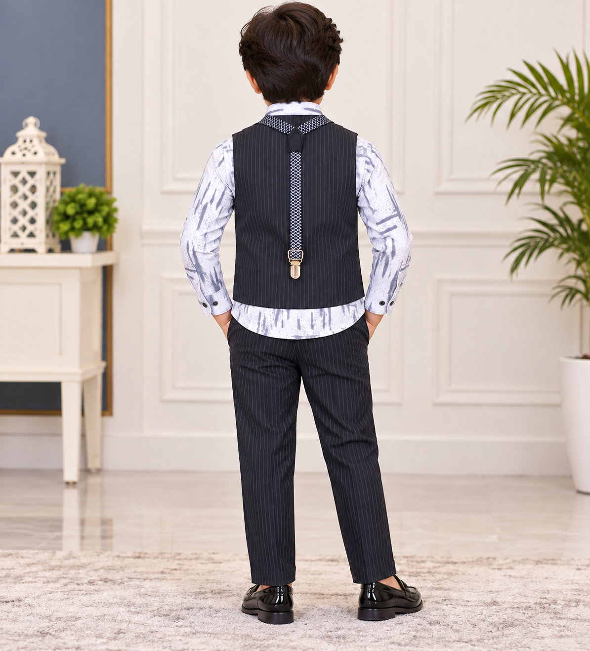 Boys Dark Grey Pinstripe Waistcoat Party Wear Set