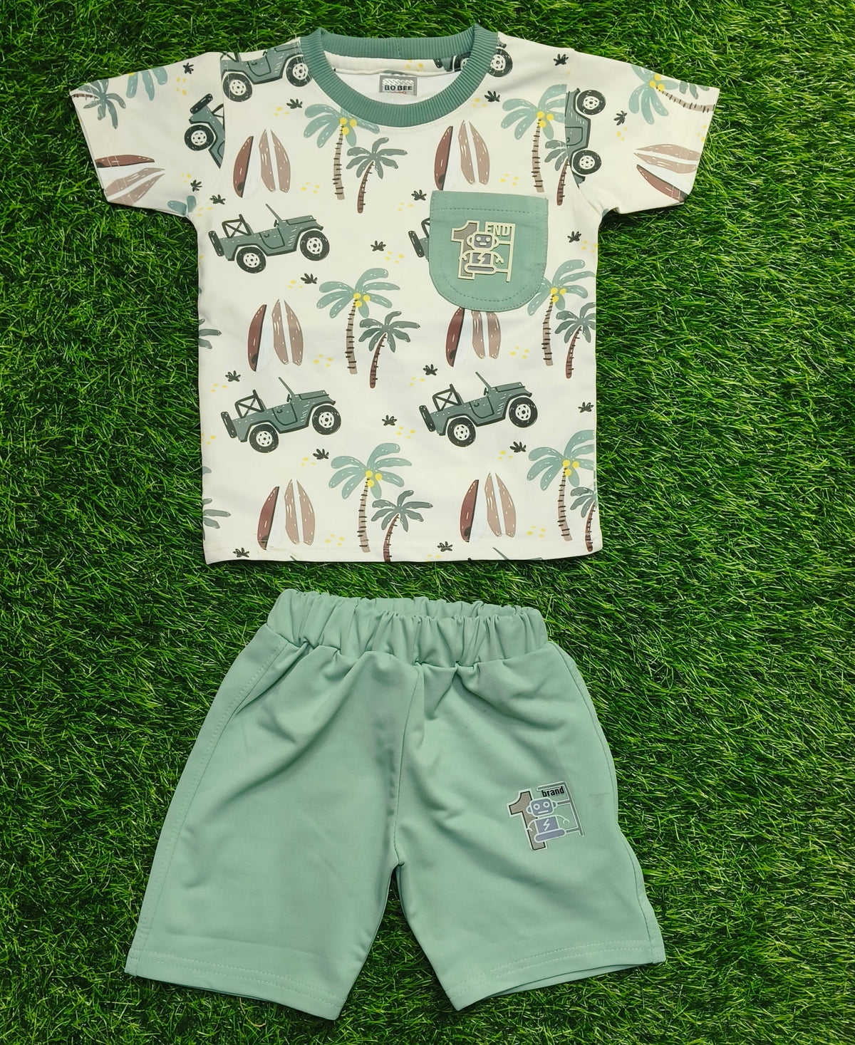 Kids Cream Printed T-Shirt & Mint Green Short Set