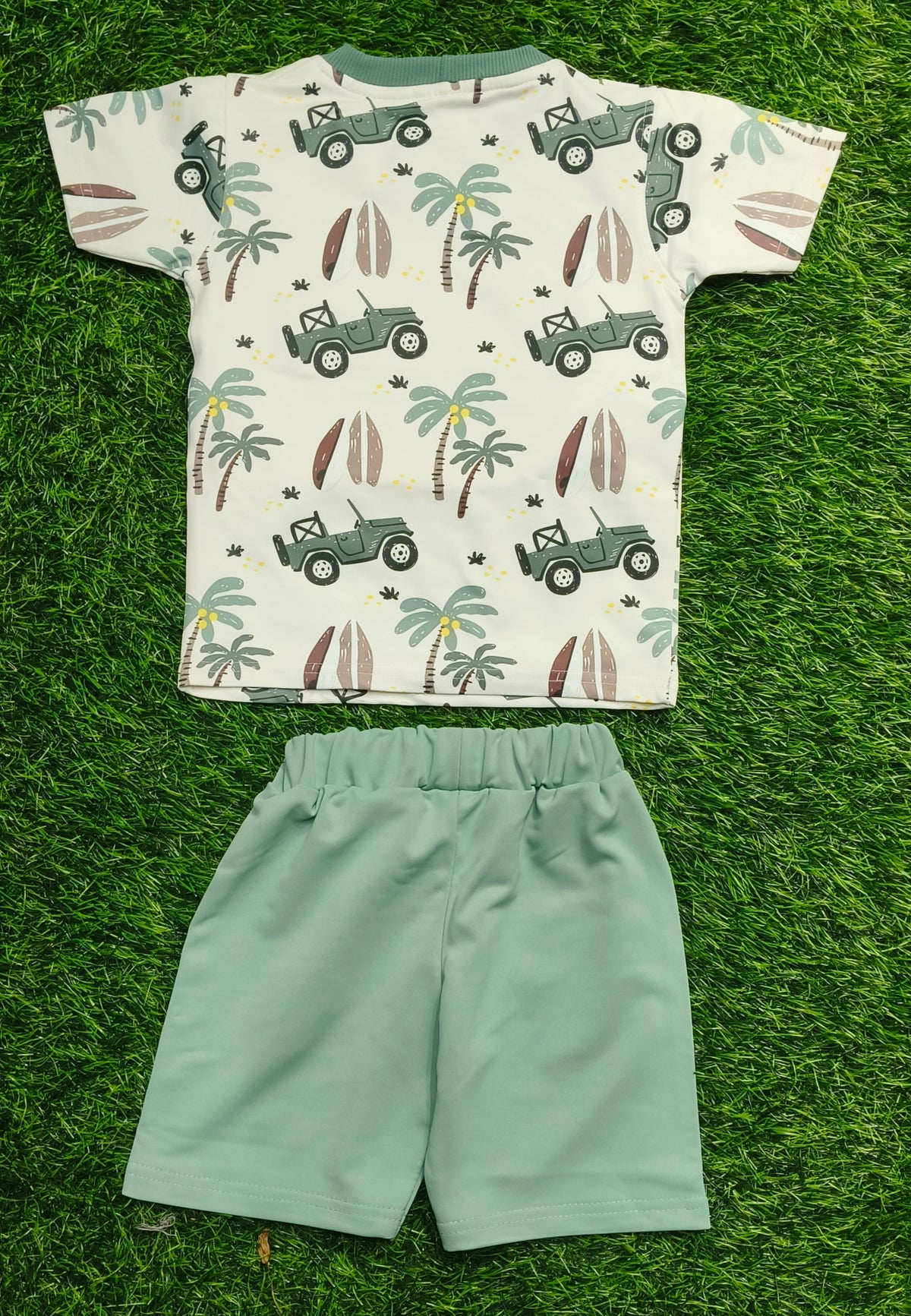 Kids Cream Printed T-Shirt & Mint Green Short Set