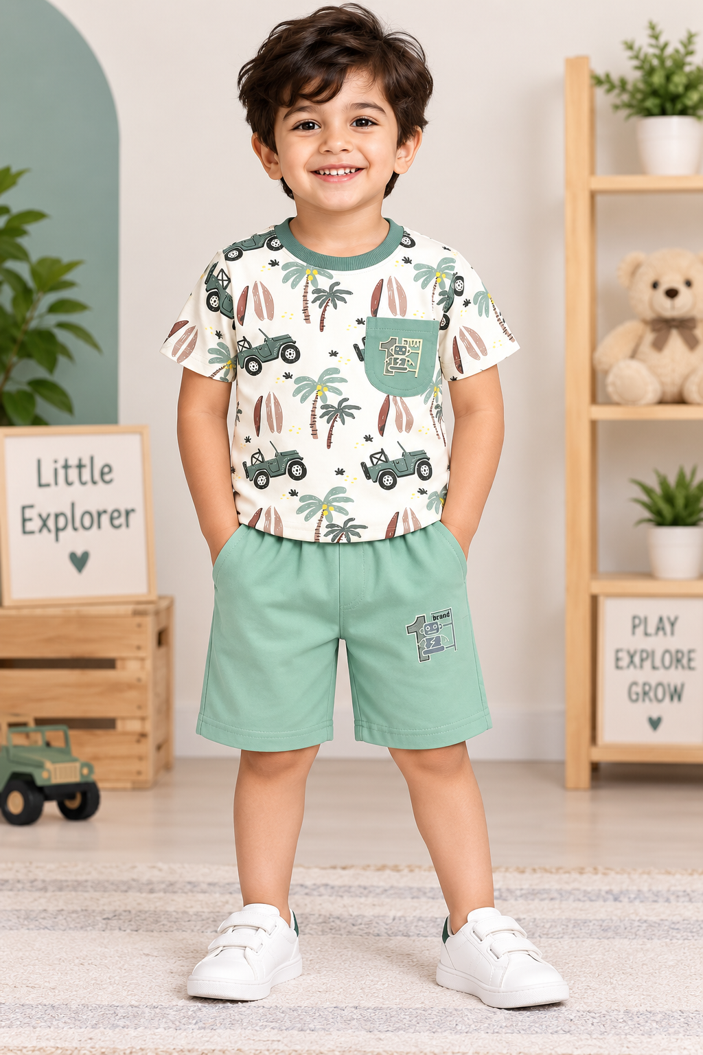 Kids Cream Printed T-Shirt & Mint Green Short Set