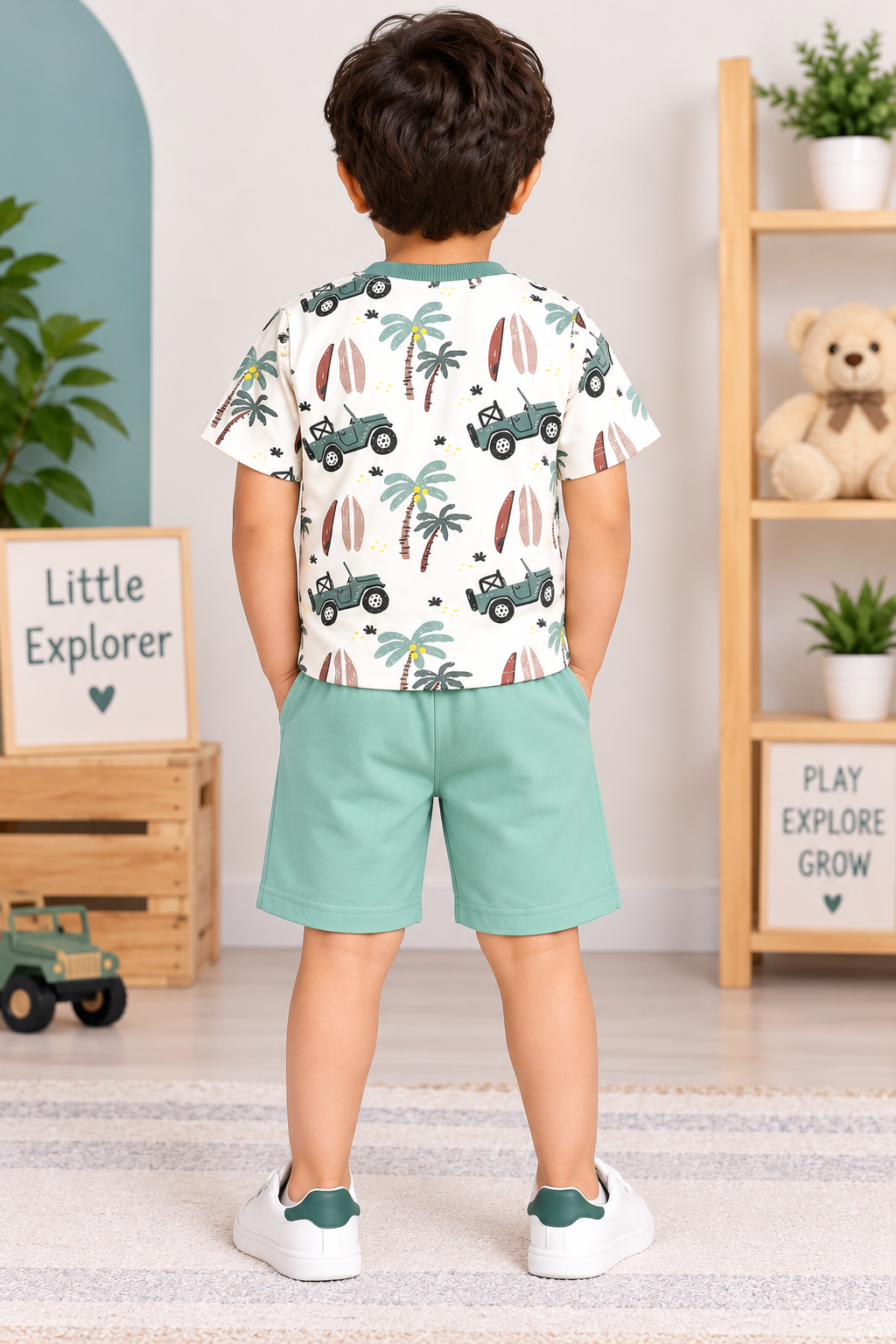 Kids Cream Printed T-Shirt & Mint Green Short Set