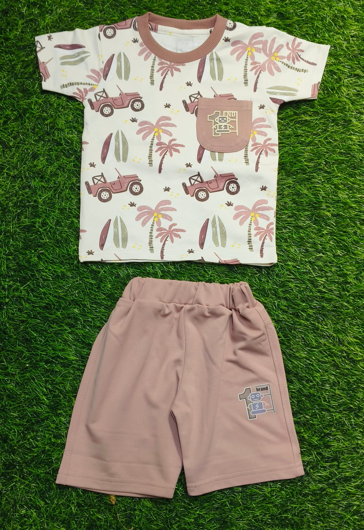 Kids Cream Printed T-Shirt & Dusty Pink Short Set