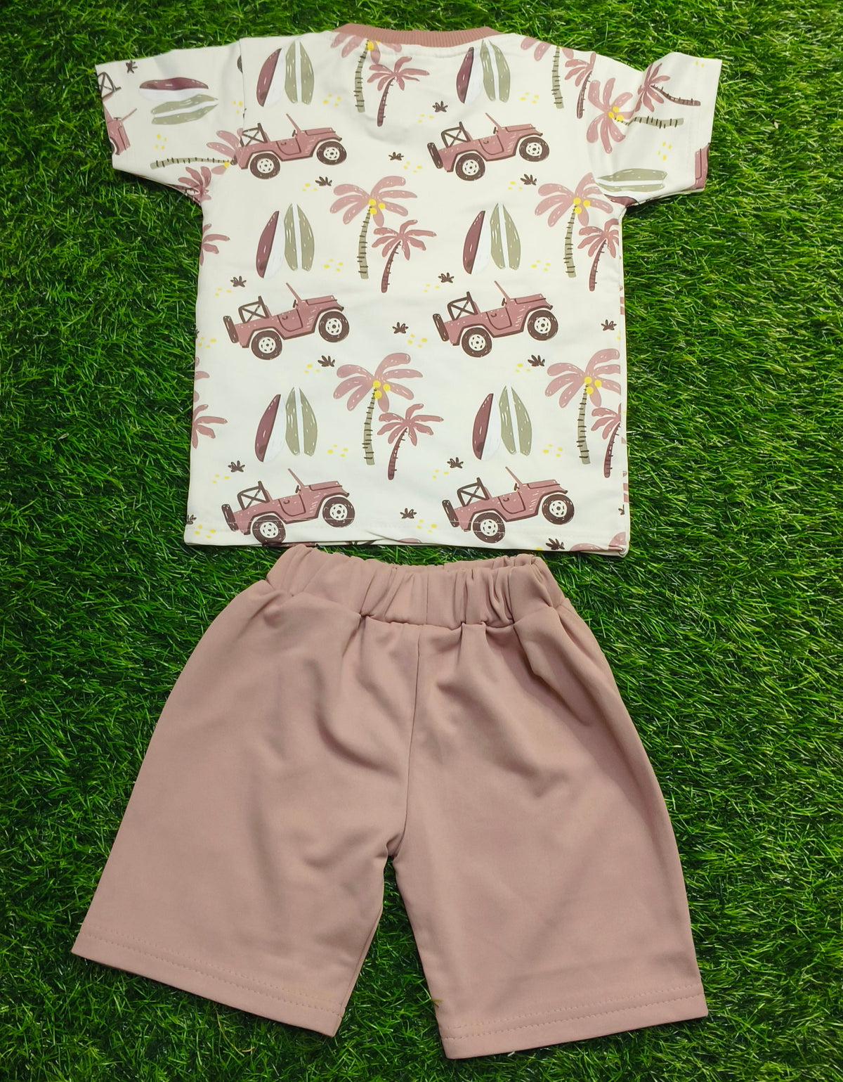 Kids Cream Printed T-Shirt & Dusty Pink Short Set