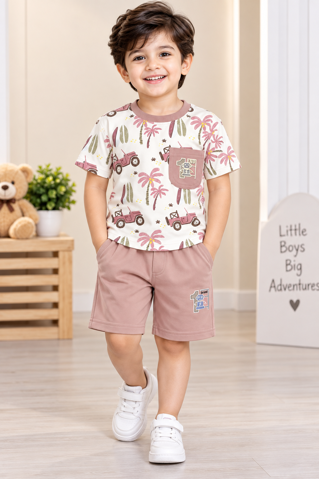 Kids Cream Printed T-Shirt & Dusty Pink Short Set