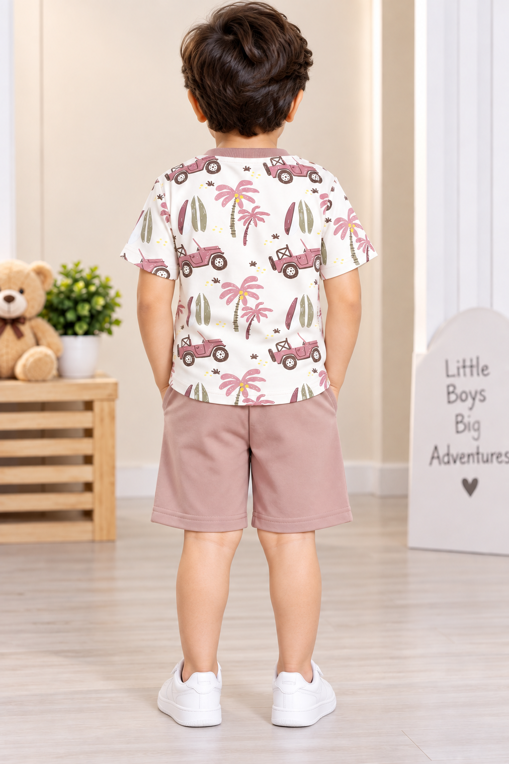 Kids Cream Printed T-Shirt & Dusty Pink Short Set