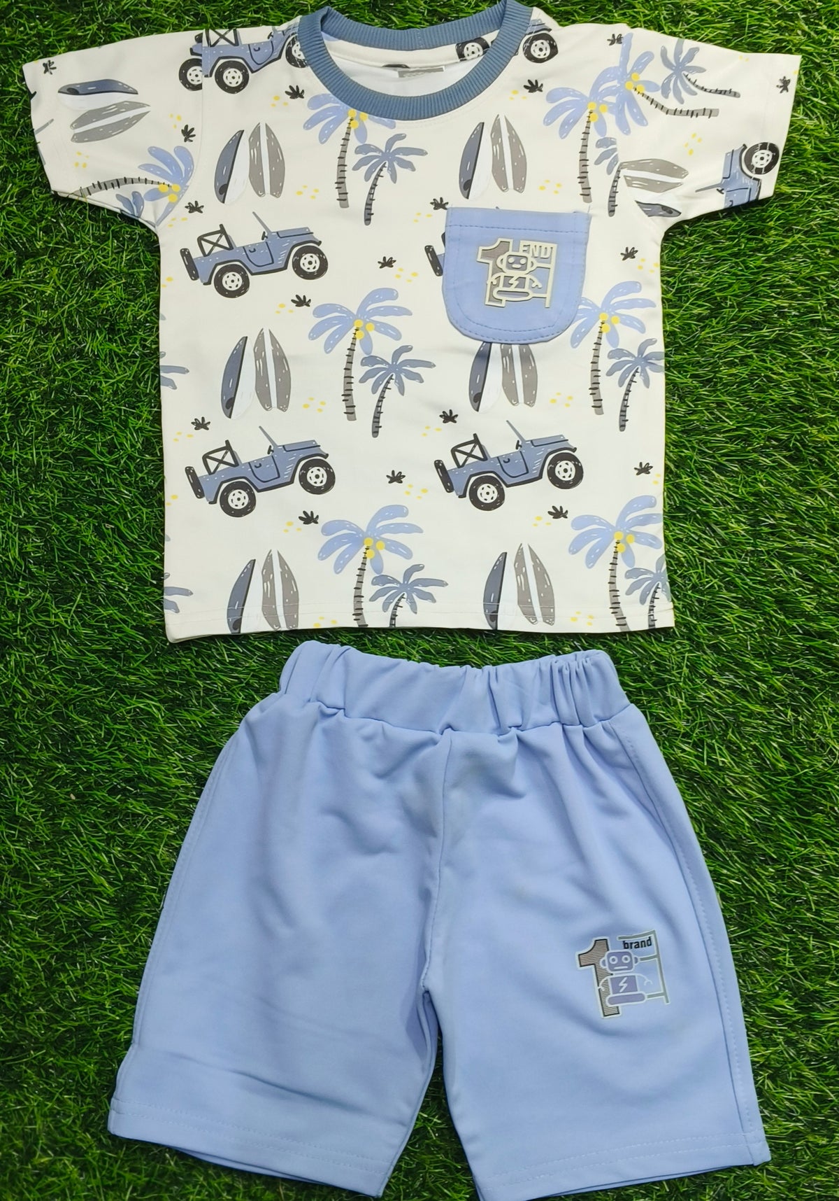 Kids Cream Printed T-Shirt & Sky Blue Short Set