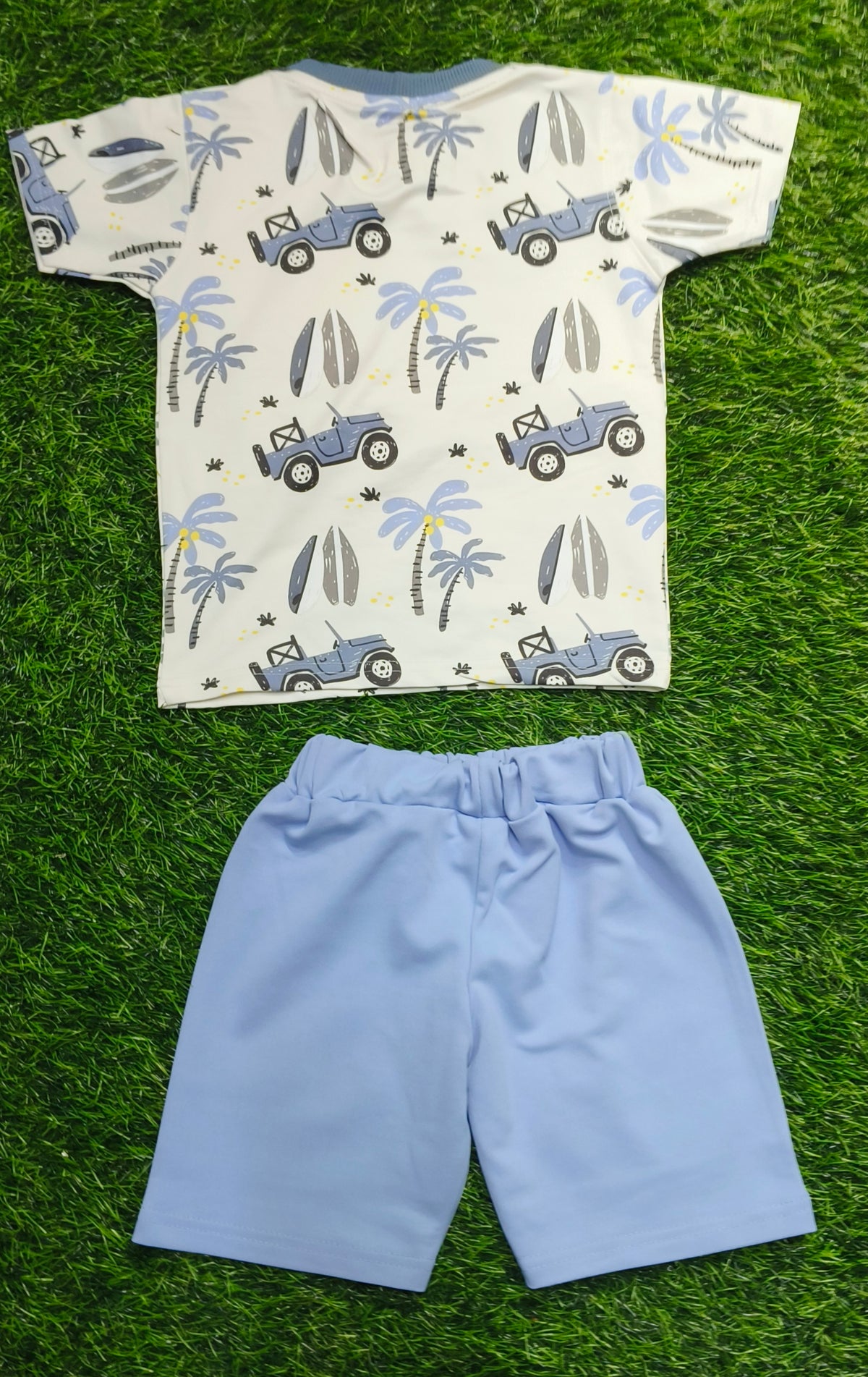 Kids Cream Printed T-Shirt & Sky Blue Short Set