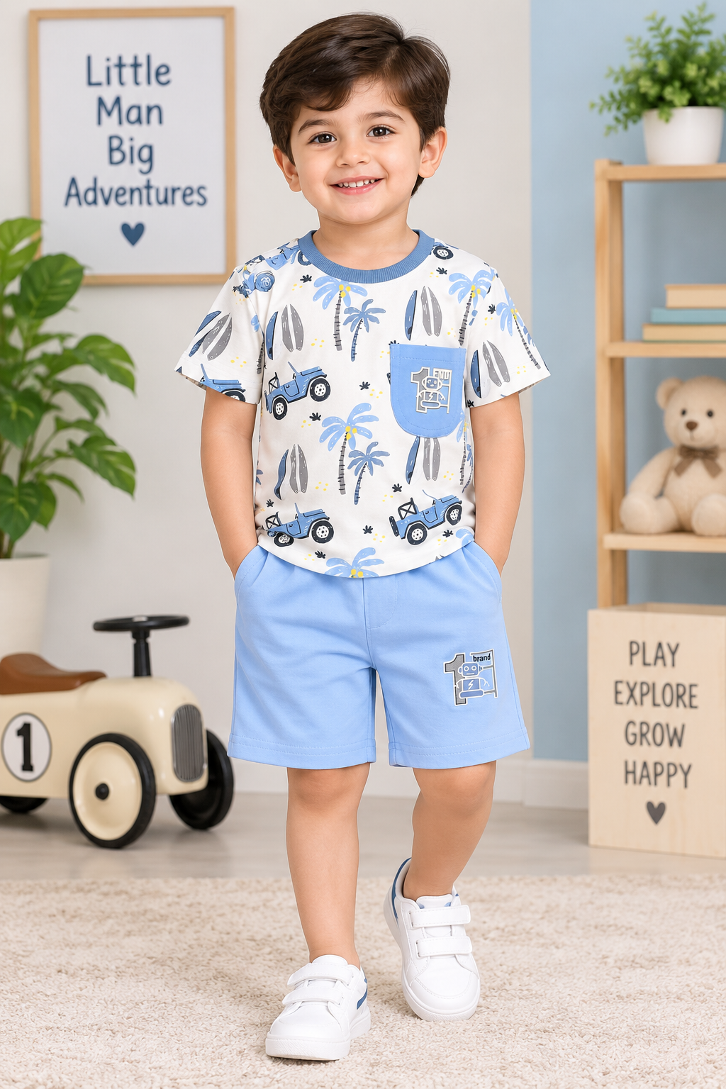 Kids Cream Printed T-Shirt & Sky Blue Short Set