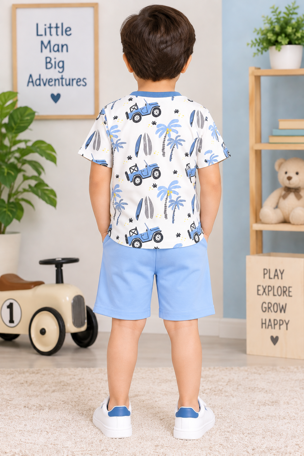 Kids Cream Printed T-Shirt & Sky Blue Short Set