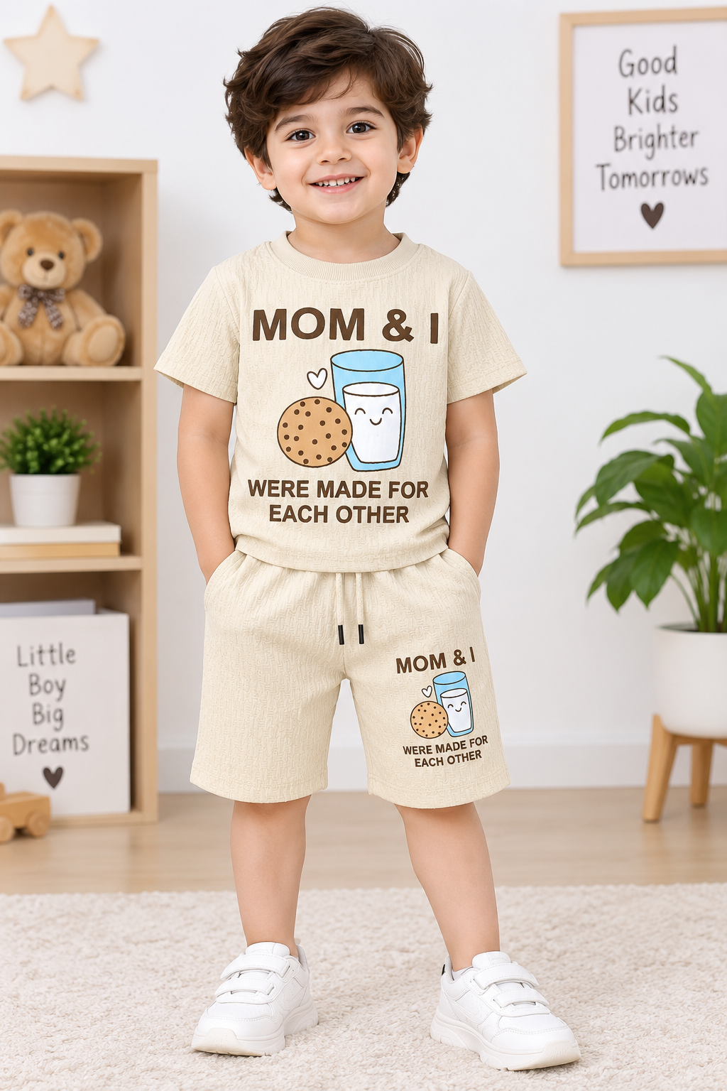 Kids Cream Textured T-Shirt & Short Set
