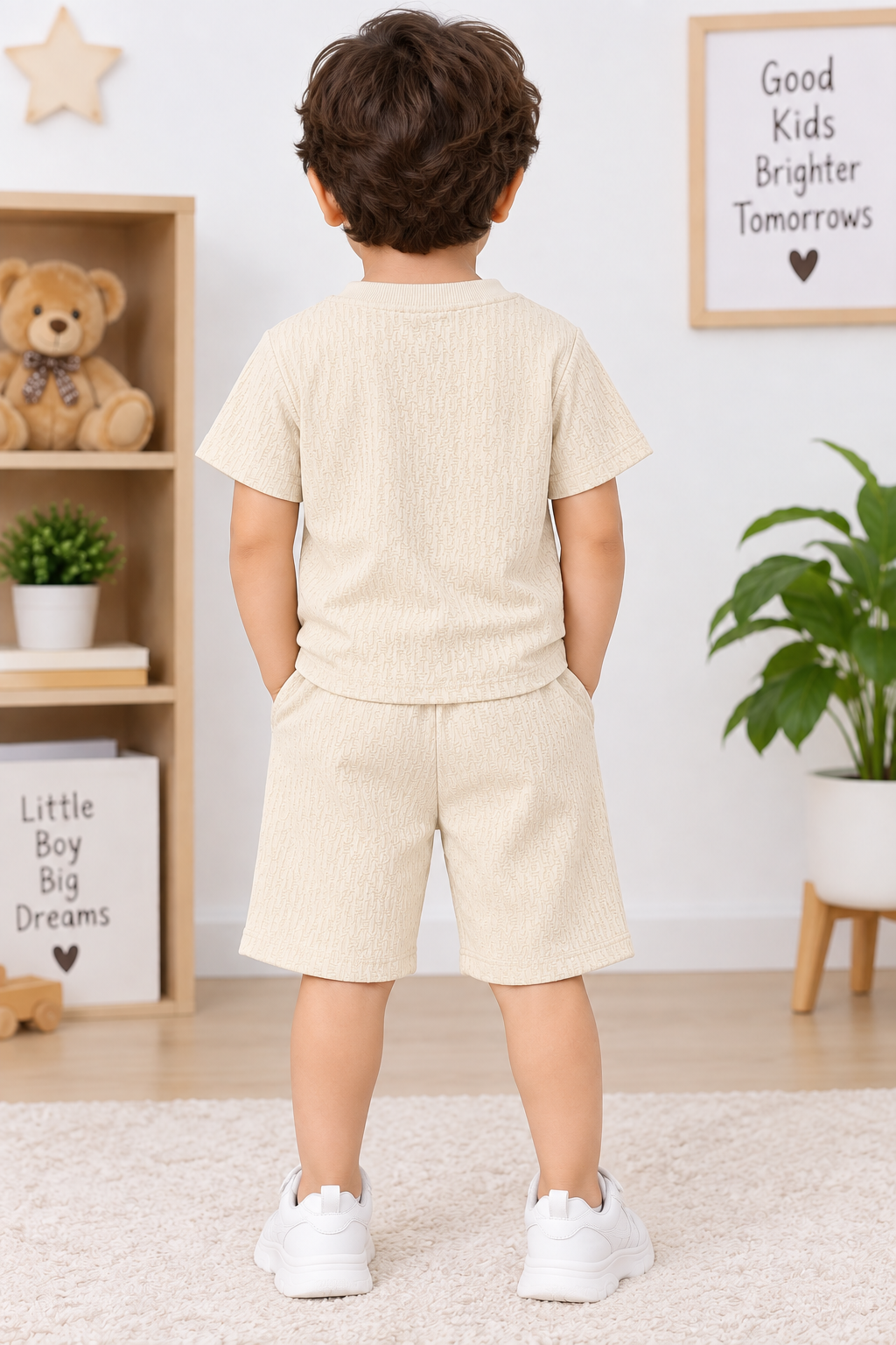 Kids Cream Textured T-Shirt & Short Set