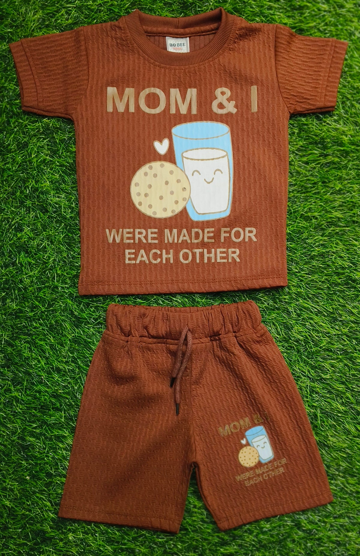 Kids Rust Brown Textured T-Shirt & short Set
