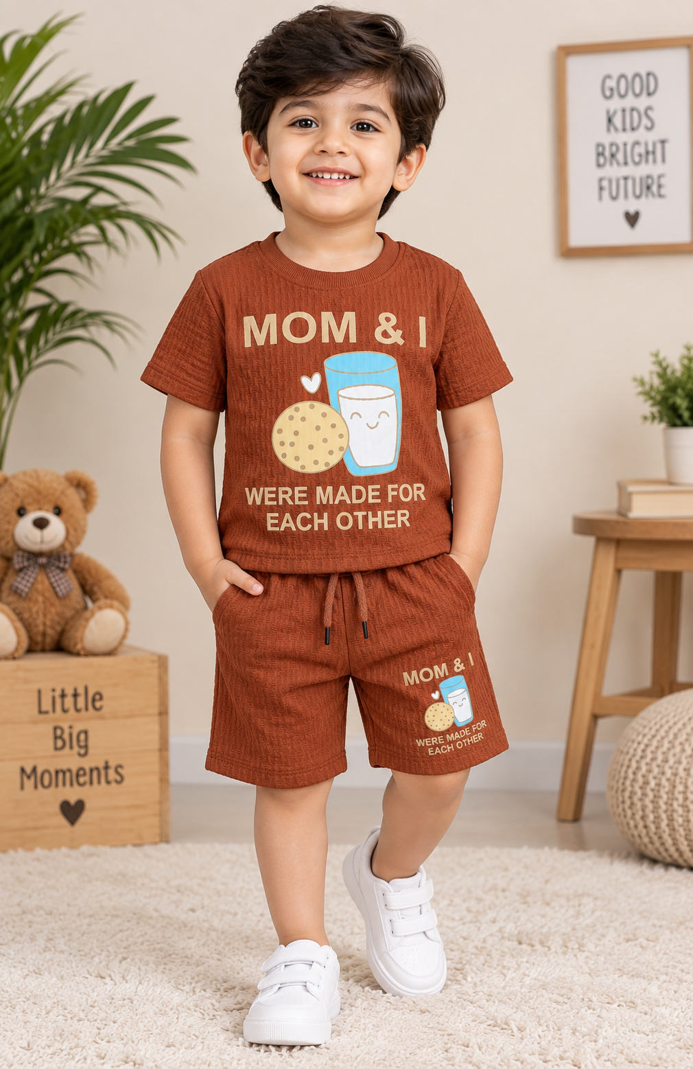 Kids Rust Brown Textured T-Shirt & short Set