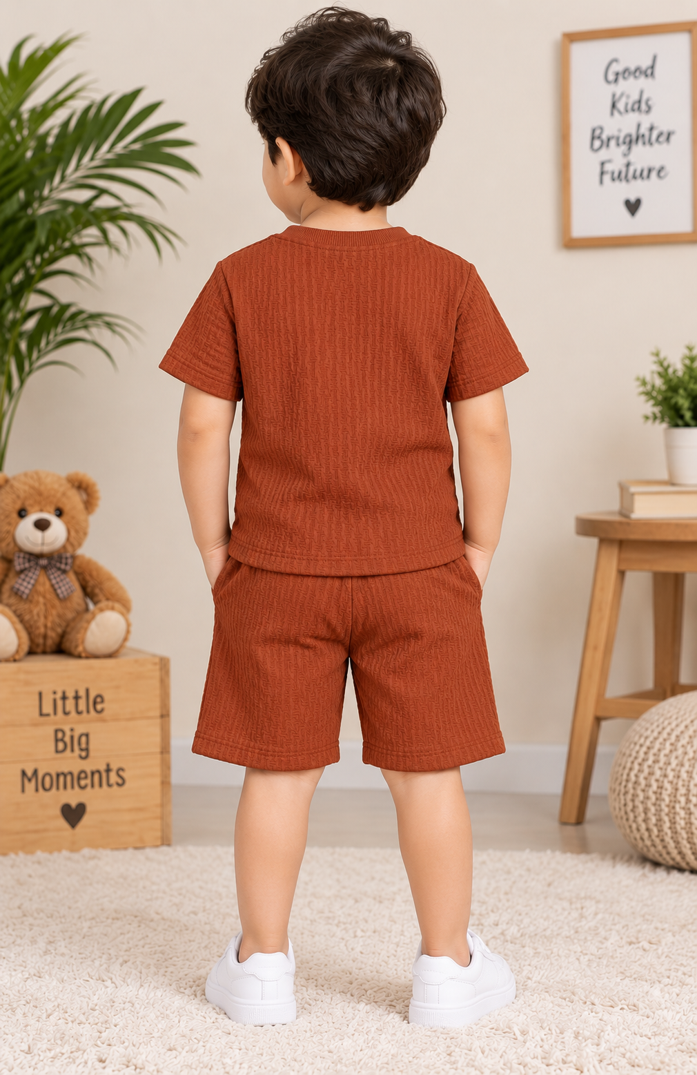 Kids Rust Brown Textured T-Shirt & short Set
