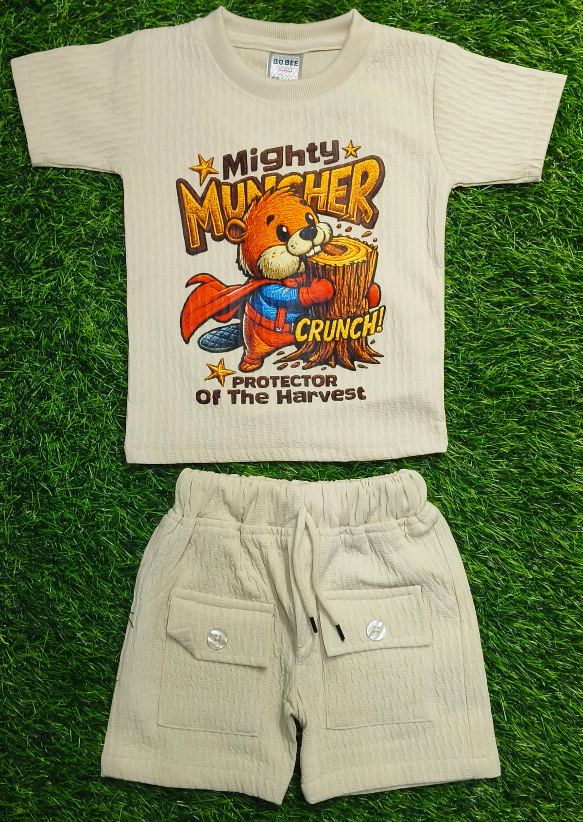 Kids Cream Mighty Muncher Textured T-Shirt & short Set