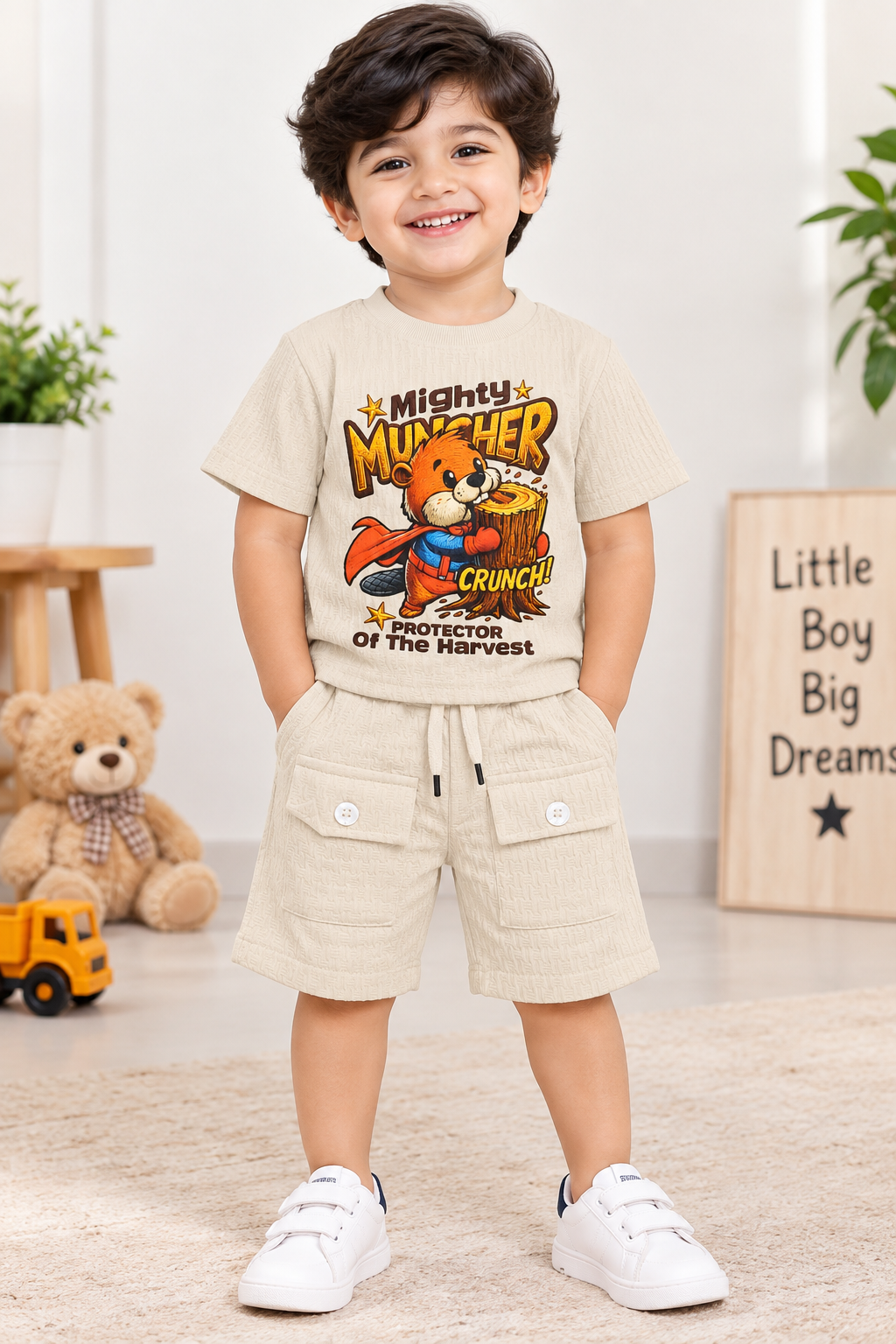 Kids Cream Mighty Muncher Textured T-Shirt & short Set