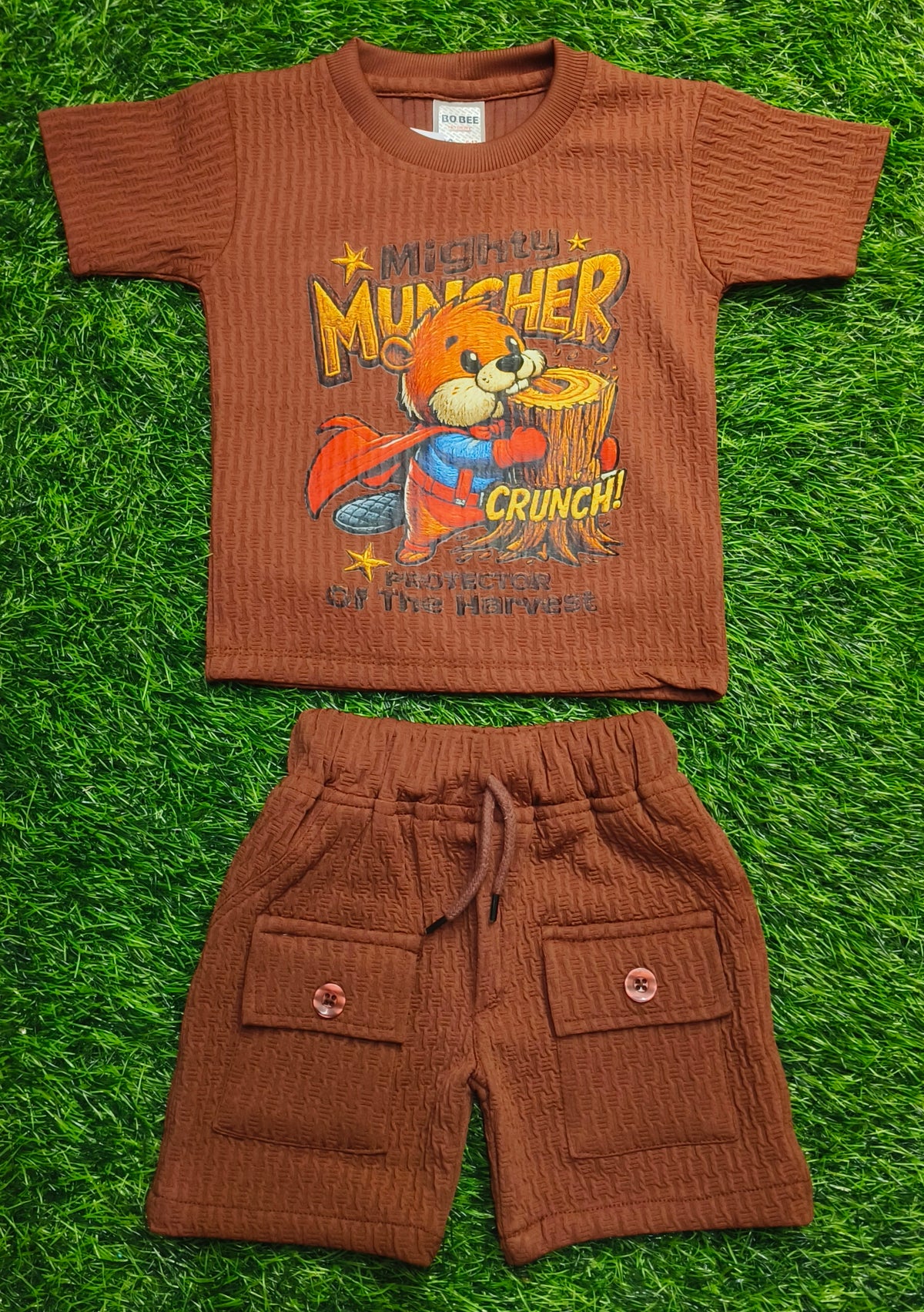 Kids Rust Brown Mighty Muncher Textured T-Shirt & short Set