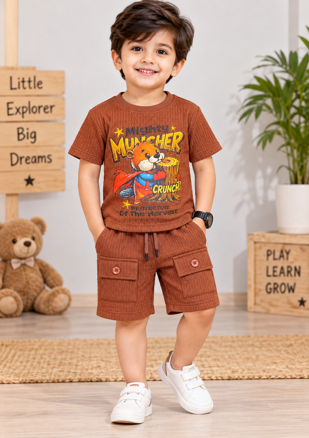 Kids Rust Brown Mighty Muncher Textured T-Shirt & short Set