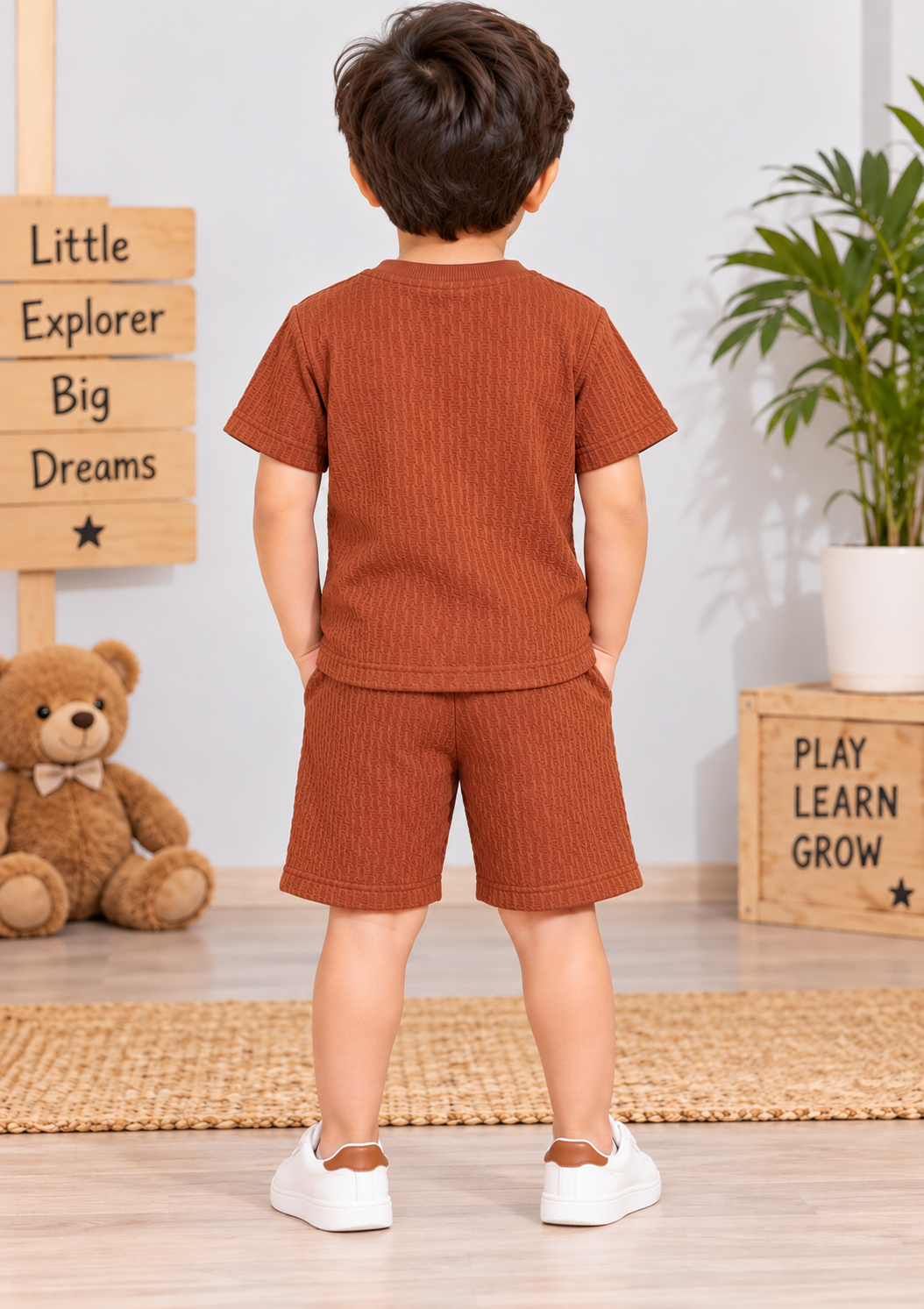 Kids Rust Brown Mighty Muncher Textured T-Shirt & short Set