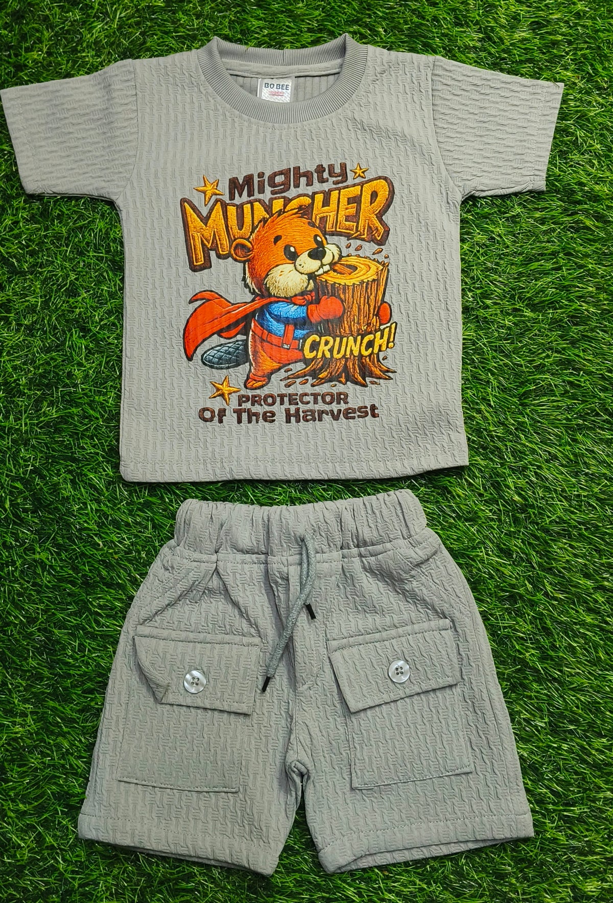 Kids Grey Mighty Muncher Textured T-Shirt & Cargo short Set
