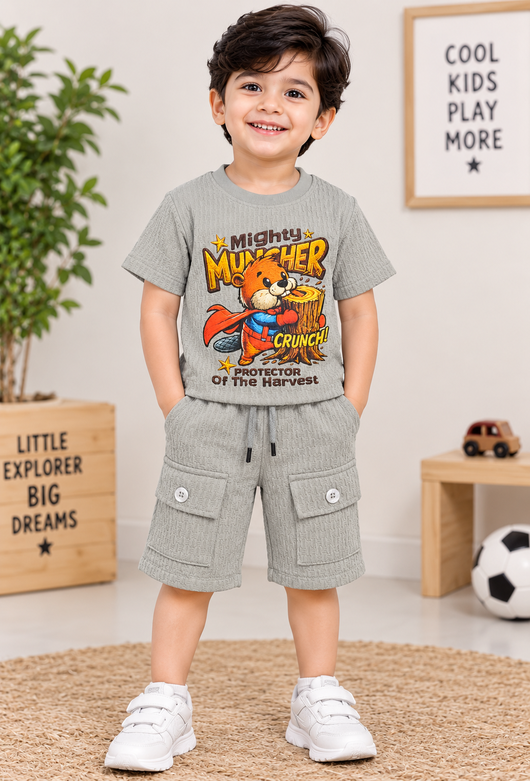 Kids Grey Mighty Muncher Textured T-Shirt & Cargo short Set