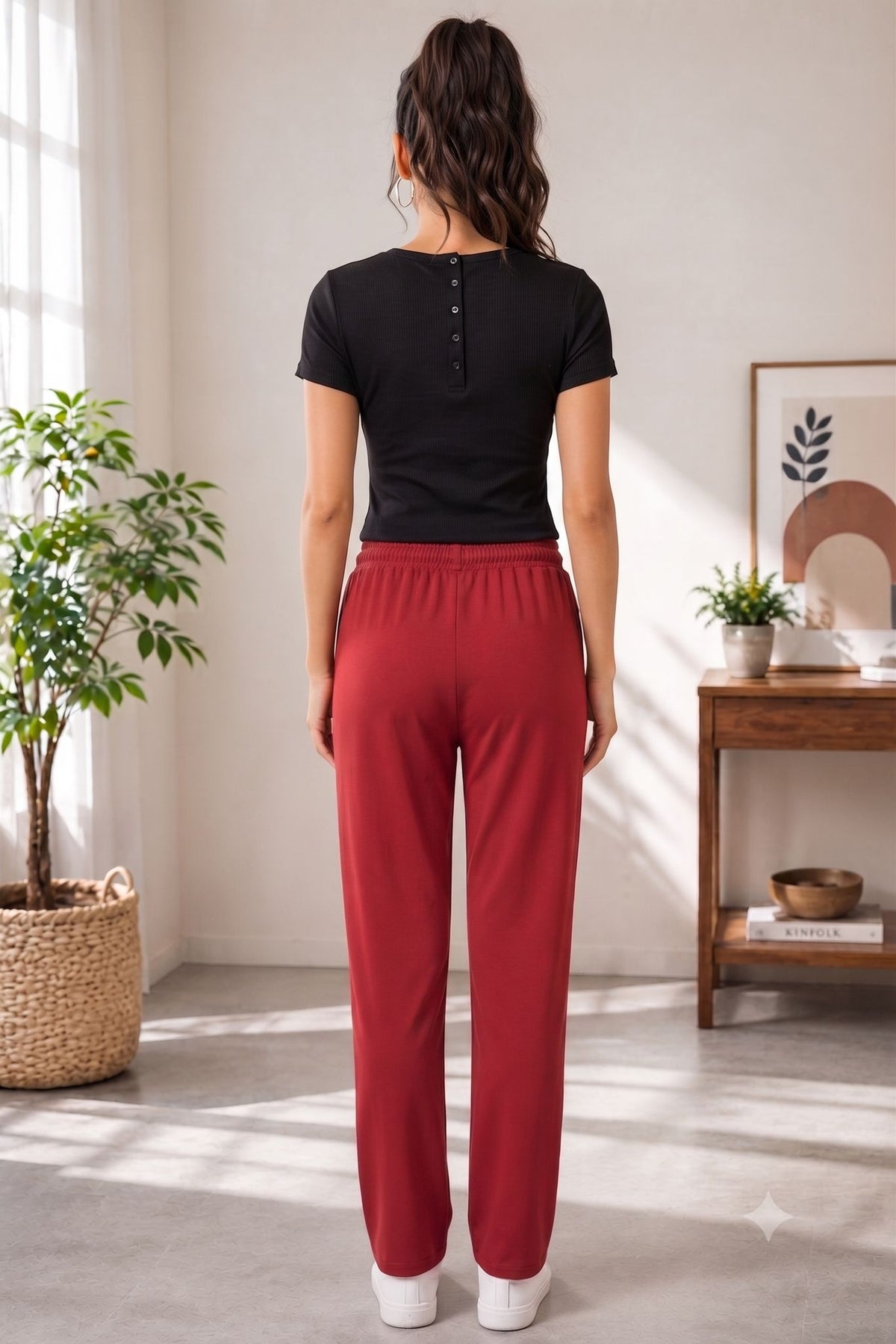 Women's Red color Casual Elastic Waist Ladies Pant