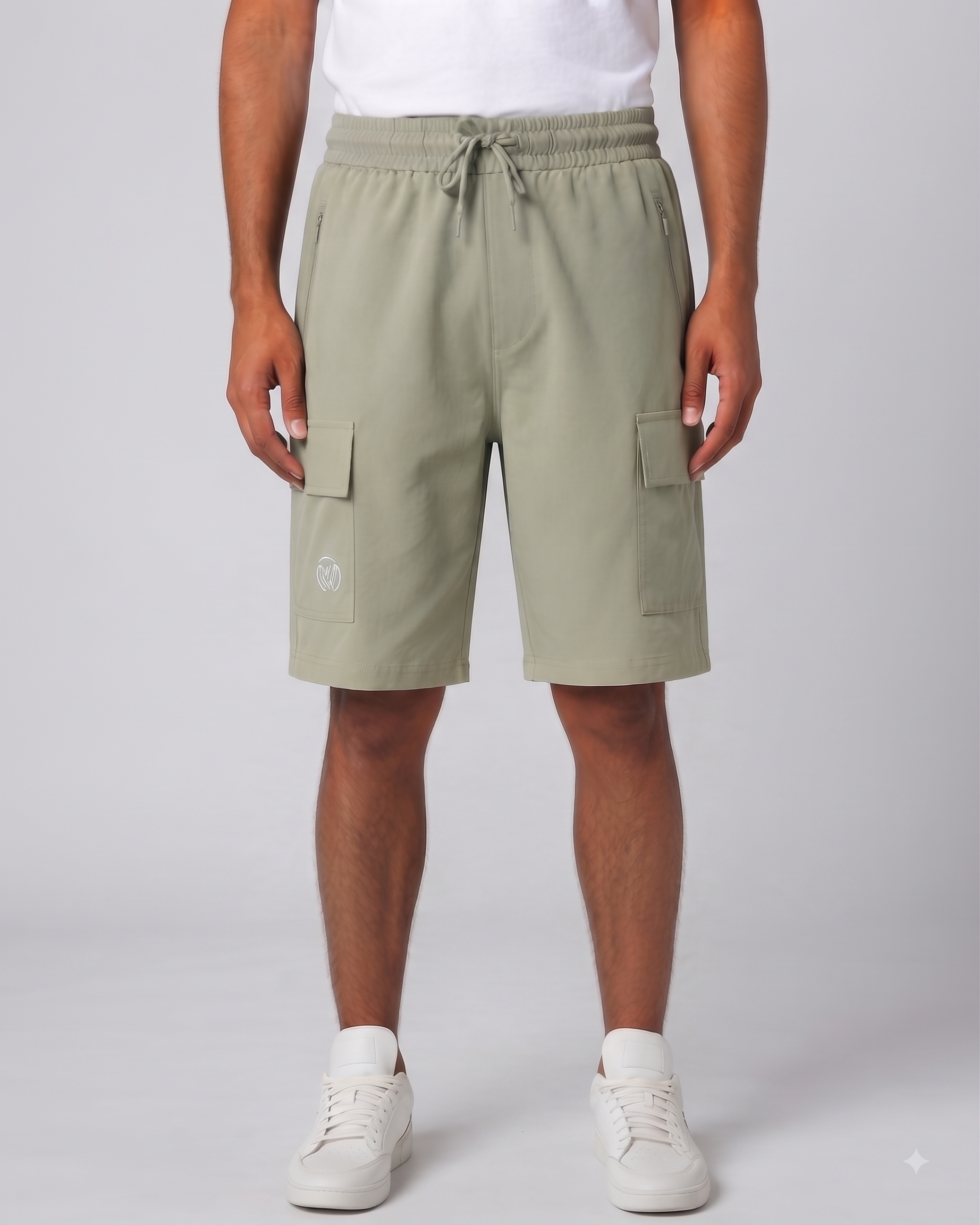 Men’s Olive Green Textured  Shorts with Elastic Waist & Zipper Pockets