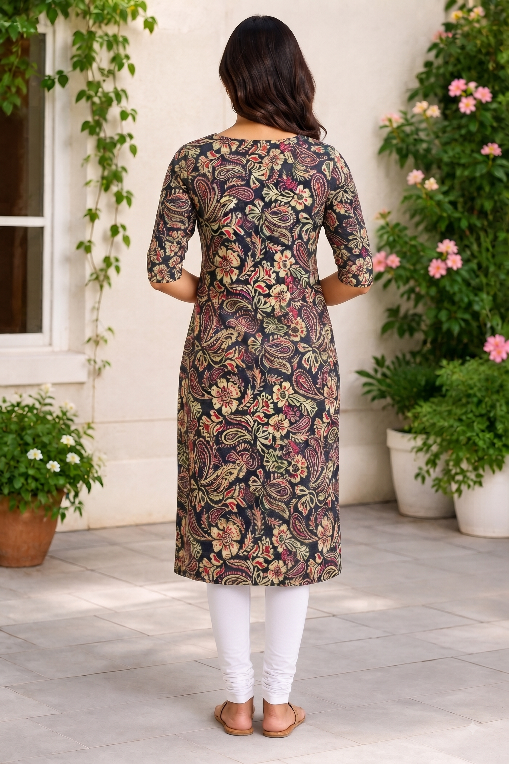 Women’s Navy Blue Floral Paisley Printed Cotton Straight-Cut Kurthi with Elbow Sleeves & Pocket