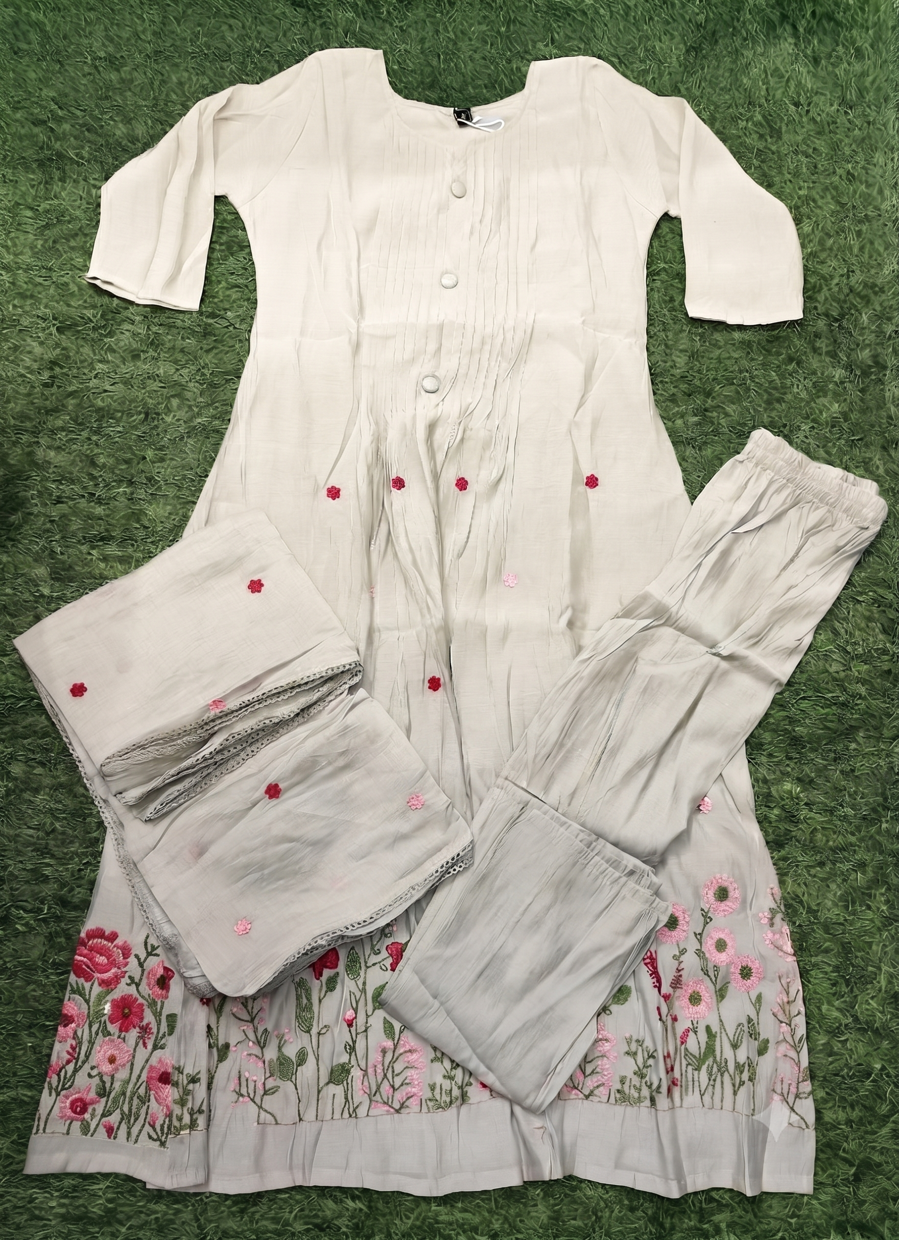 Elegant Off-White Pleated and Embroidered 3-Piece Rayon Kurti Set
