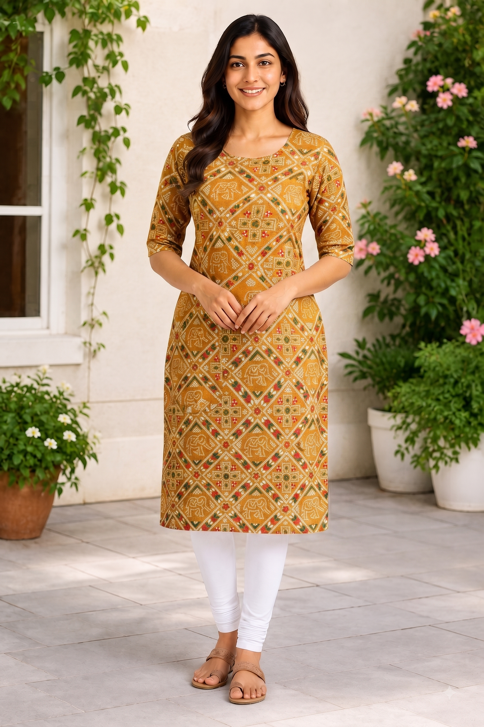 Women’s Mustard Yellow Elephant & Ethnic Printed Cotton Straight-Cut Kurthi with Elbow Sleeves & Pocket