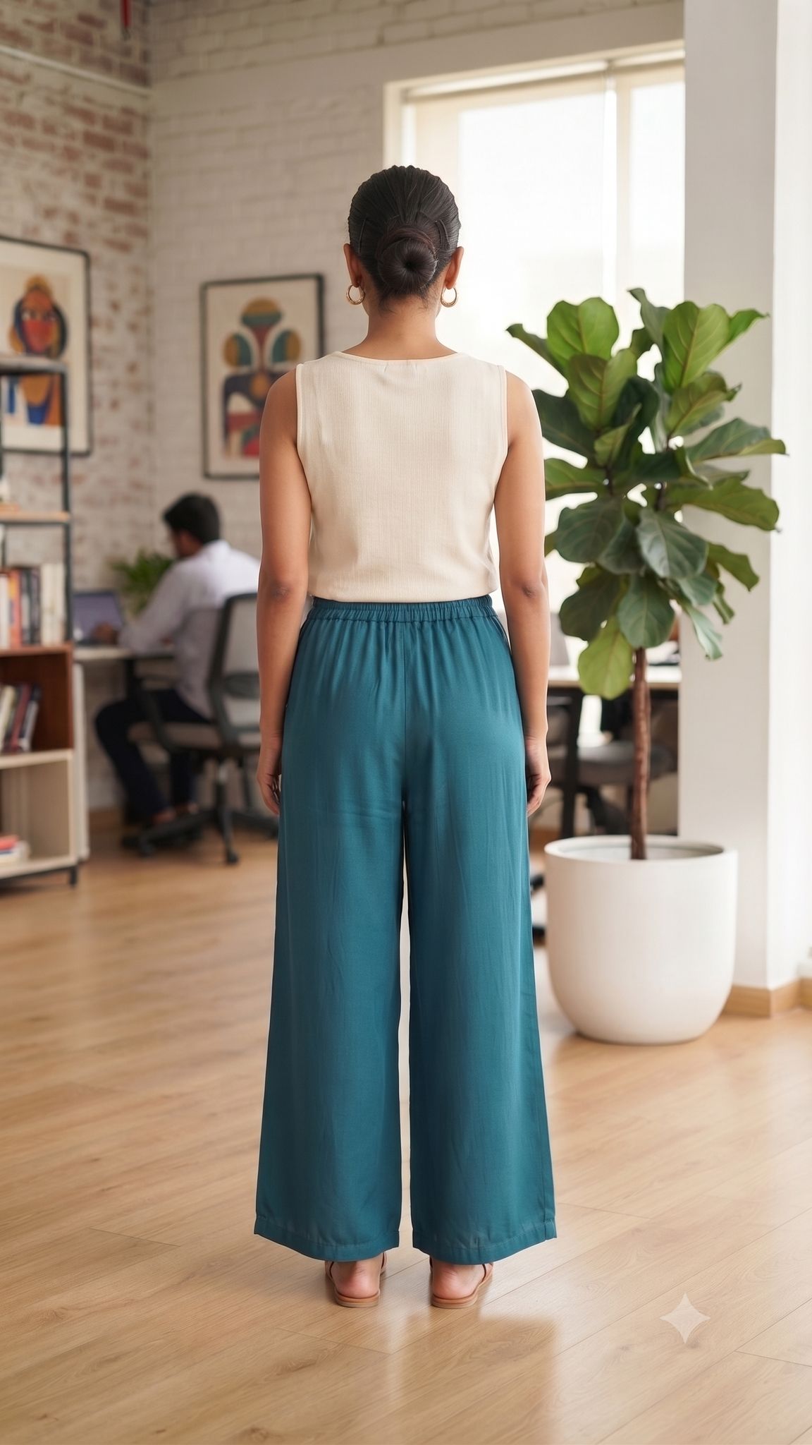 Teal Blue Solid Wide-Leg Palazzo with Pockets