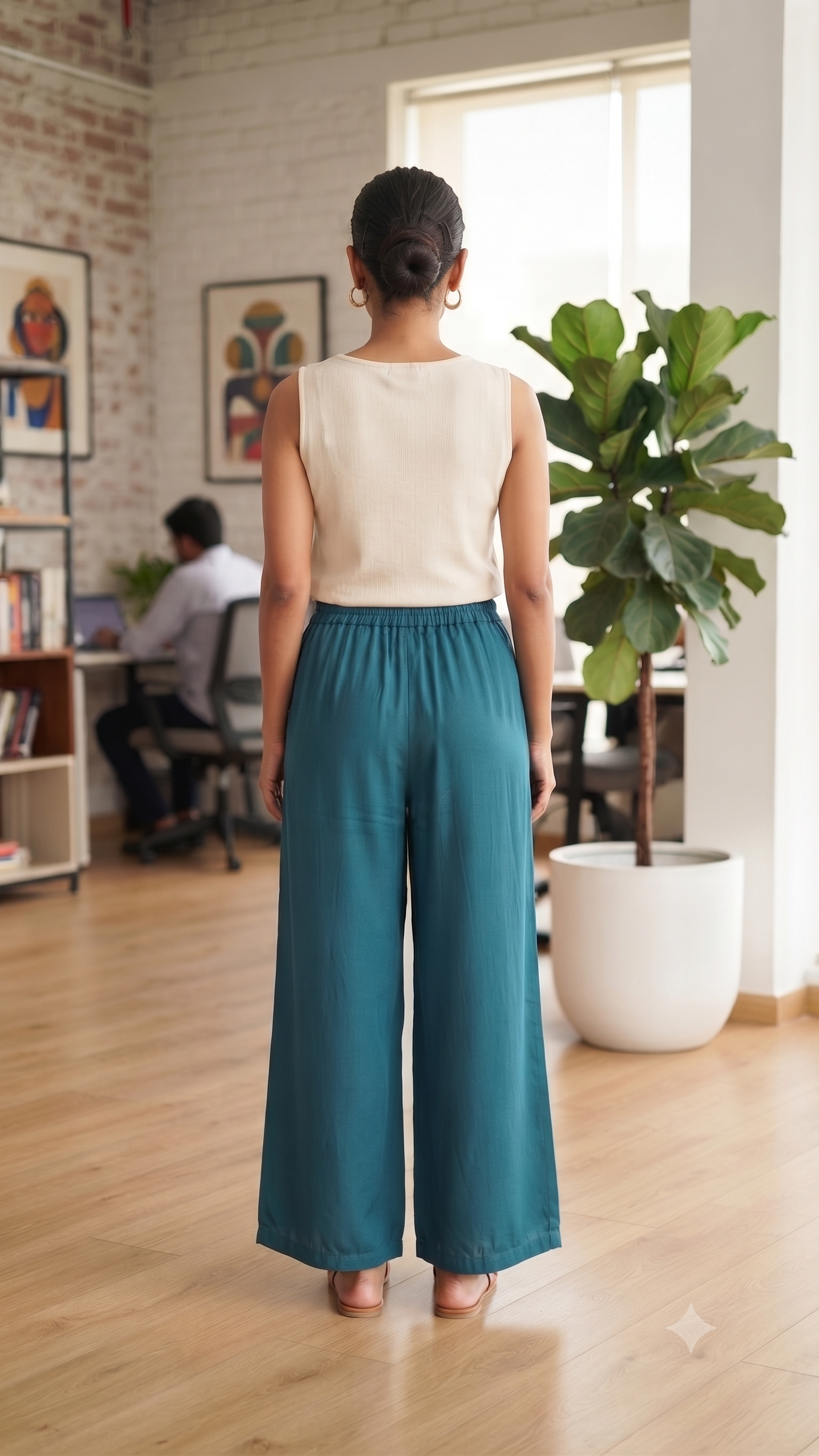 Teal Blue Solid Wide-Leg Palazzo with Pockets