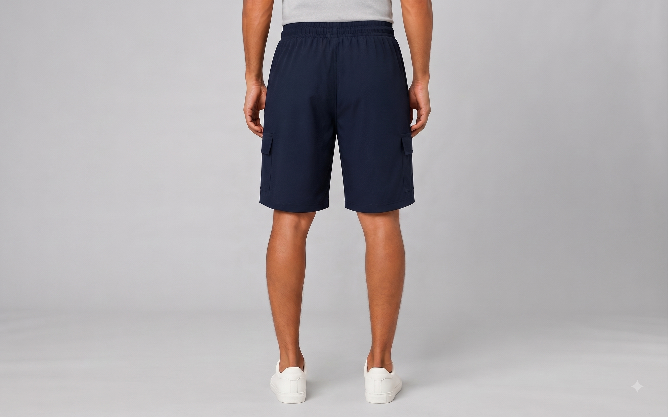 Men’s Navy Blue Cargo Shorts with Elastic Waist, Zipper & Flap Pockets