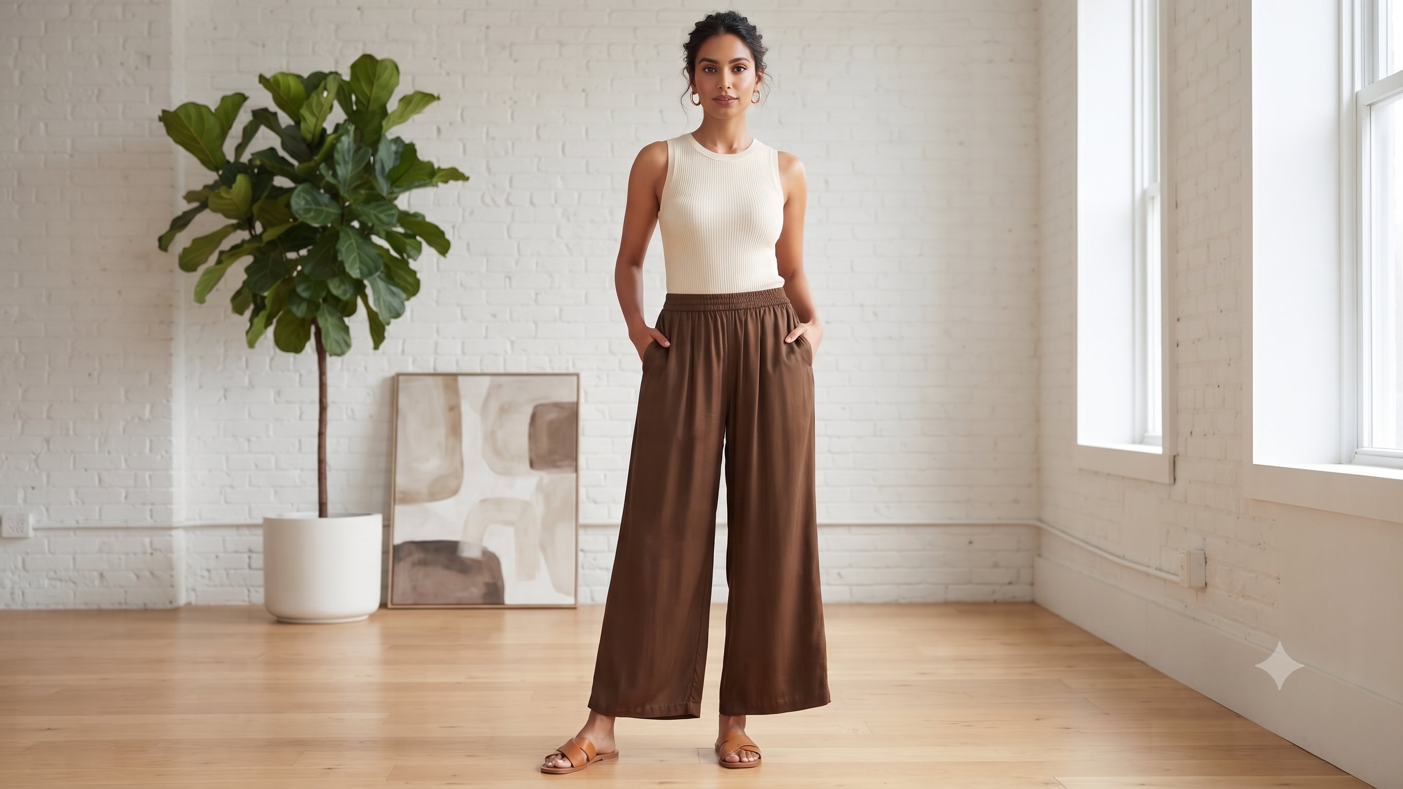 Brown Solid Wide-Leg Palazzo with Pockets