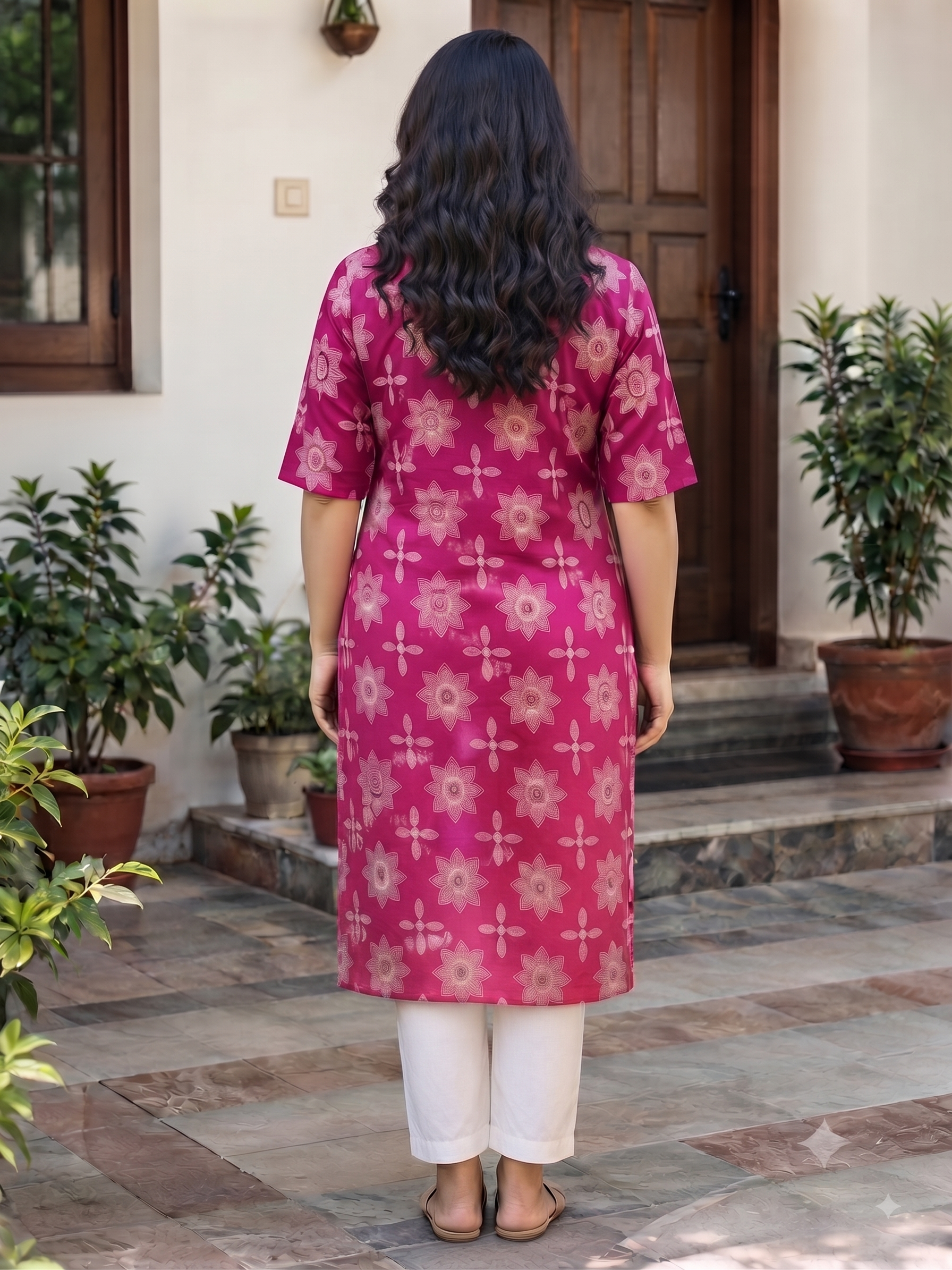 Women’s Rani Pink Floral Printed Cotton Straight-Cut Kurthi with Elbow Sleeves & Pocket