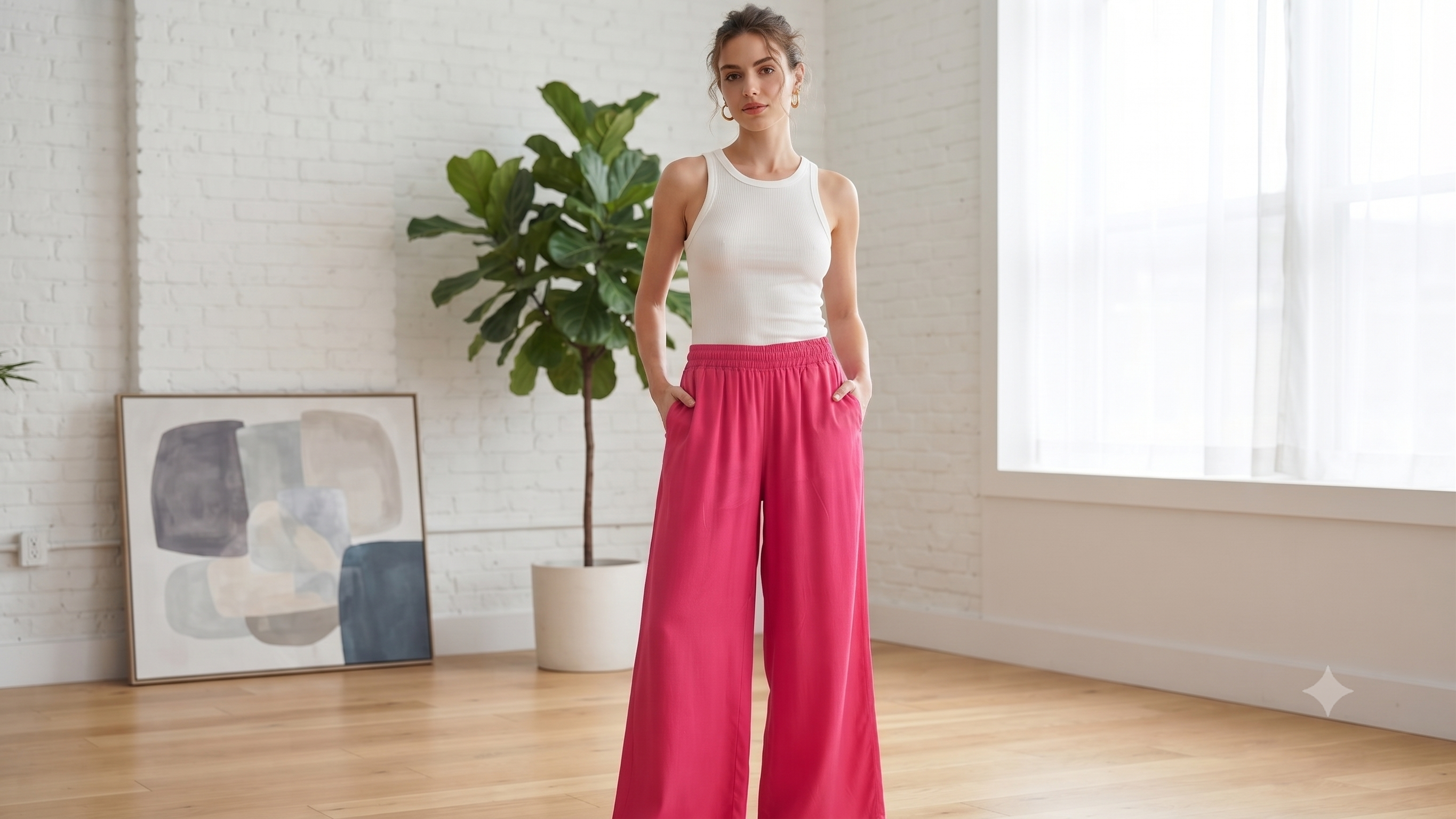 Pink Solid Wide-Leg Palazzo with Pockets