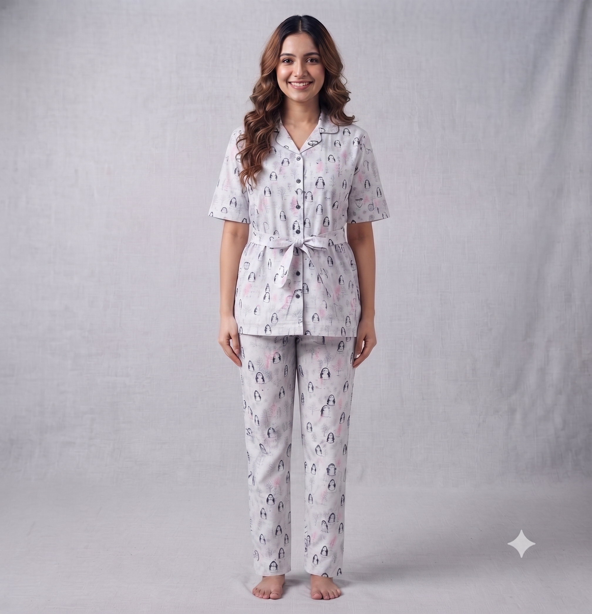 Playful Penguin Print Peplum Top & Pants Co-Ord Set