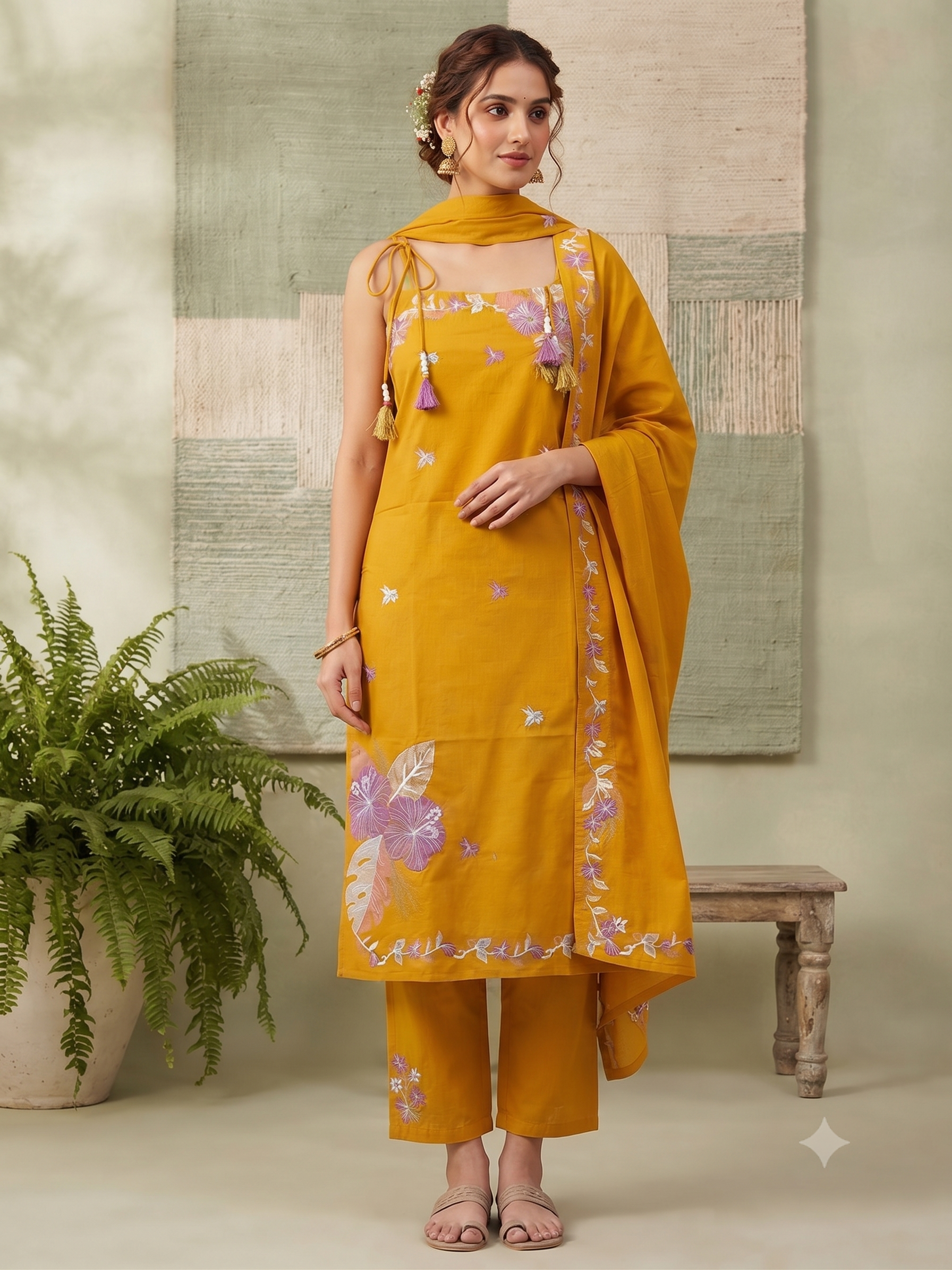 Vibrant Golden Yellow Embroidered Sleeveless Cotton 3-Piece Kurti Set