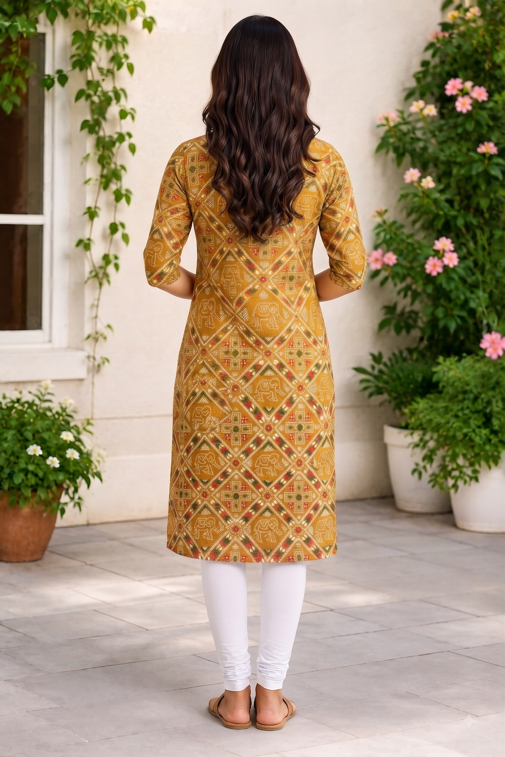 Women’s Mustard Yellow Elephant & Ethnic Printed Cotton Straight-Cut Kurthi with Elbow Sleeves & Pocket