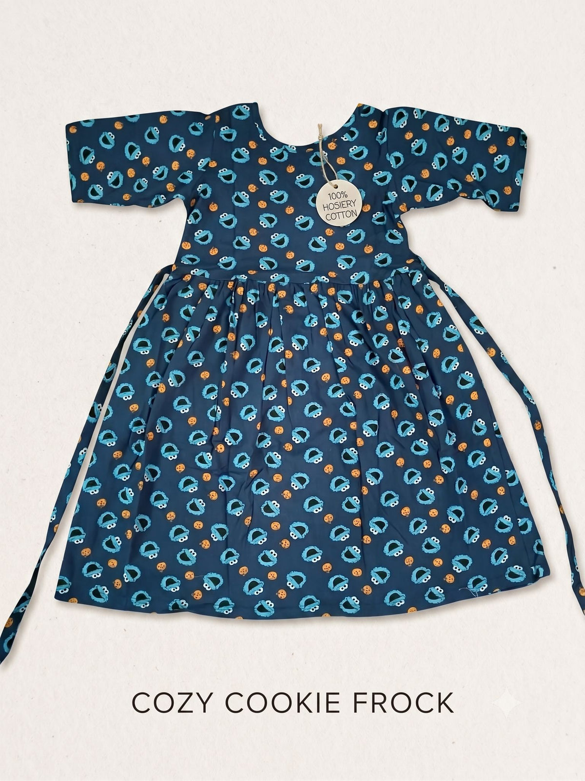 Premium Blue Cookie Print Hosiery Cotton Frock (2-16 Years)