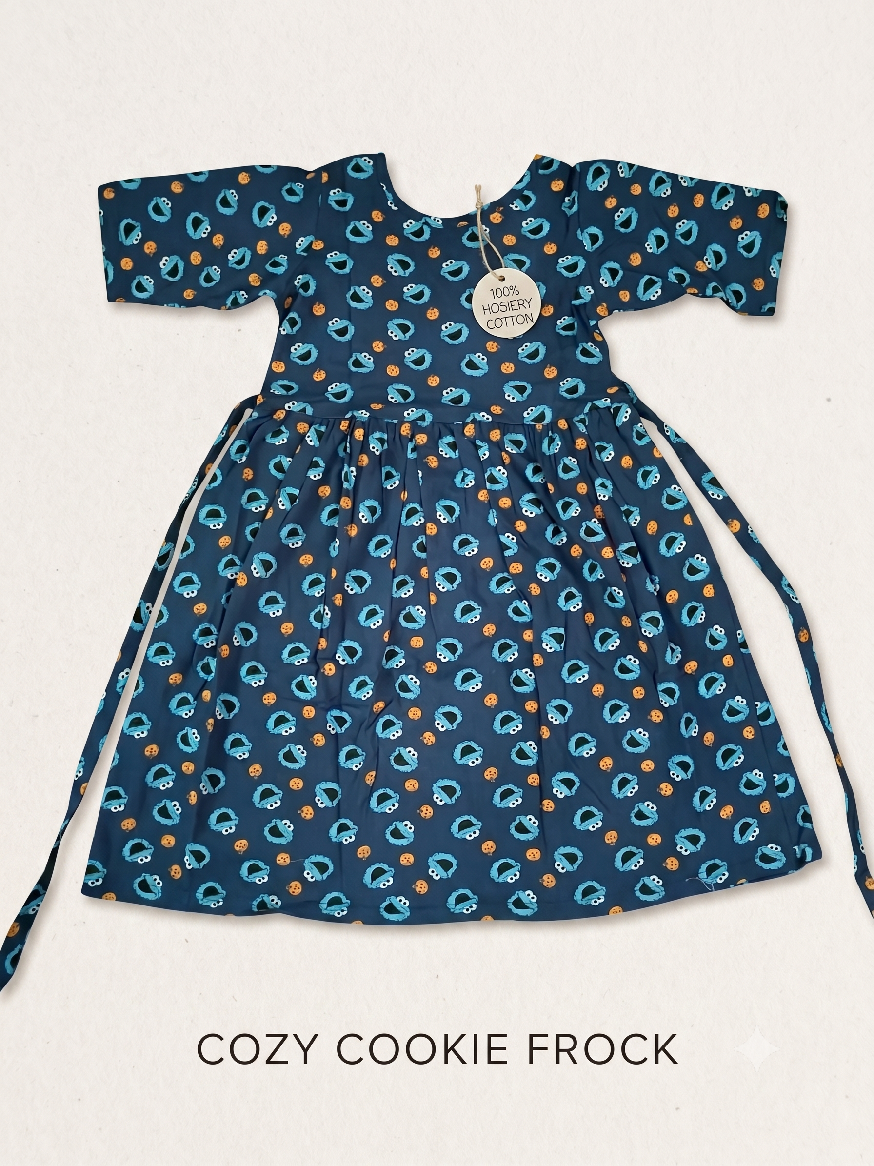 Premium Blue Cookie Print Hosiery Cotton Frock (2-16 Years)