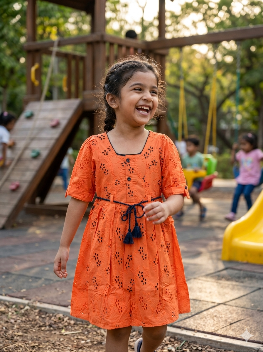 Girls Orange Chikankari Embroidered Cotton Flared A-Line Frock