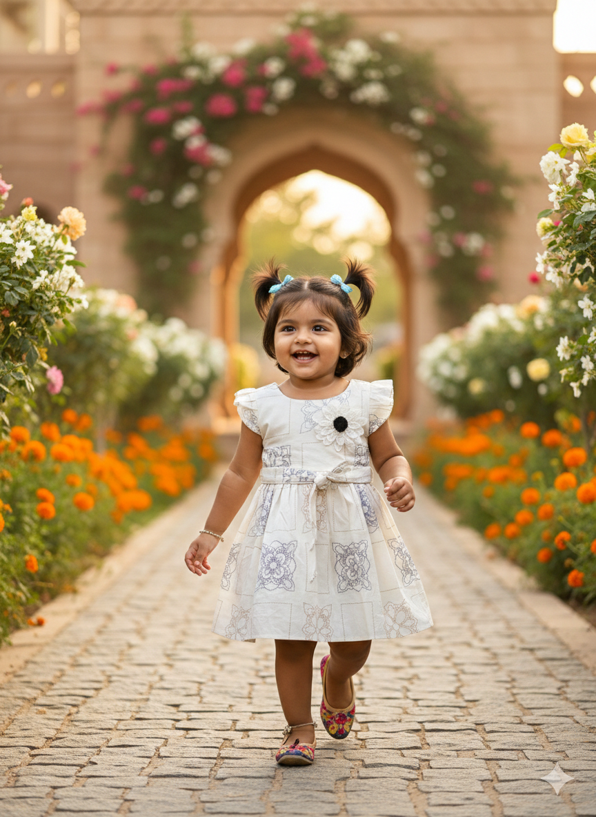 A young girl with pigtails happily walks along a cobblestone path lined with flowers, wearing the Girls Casual wear Cotton frock, a comfortable and breathable white dress, with greenery and an arched stone entrance in the background.