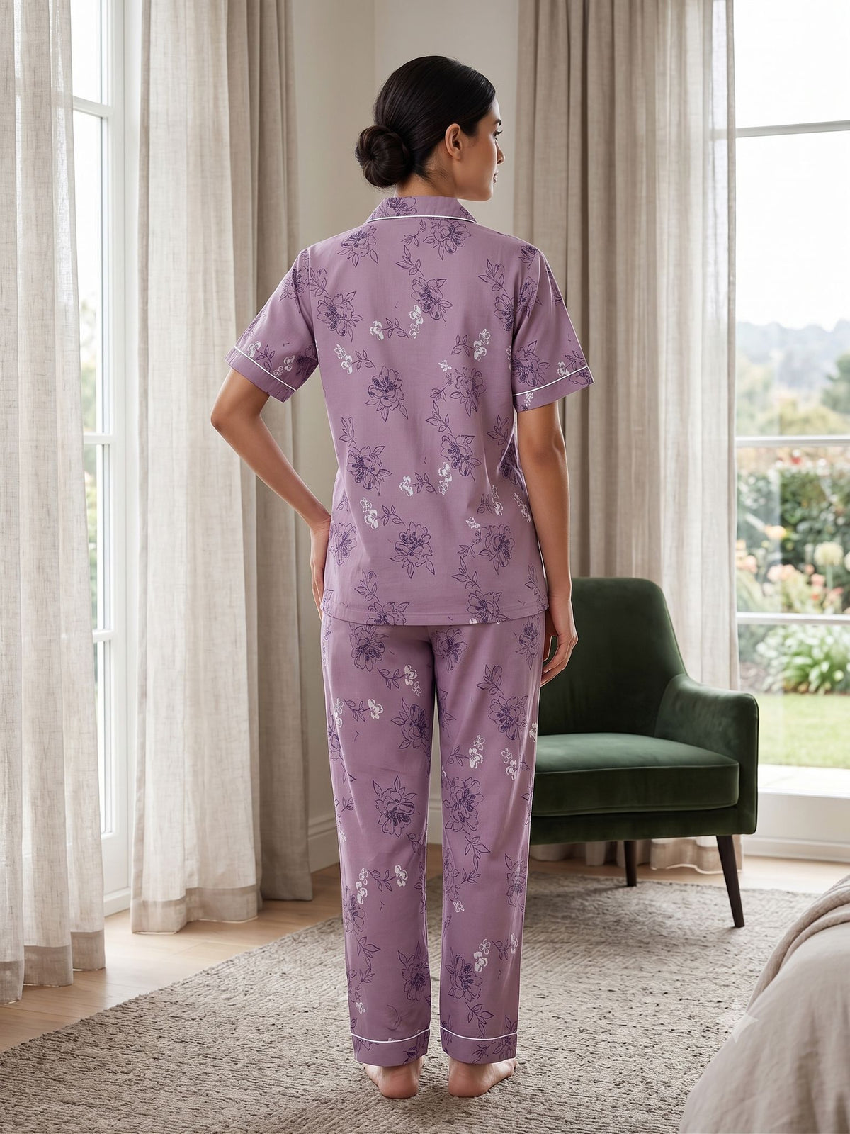 Premium Alfain Lavender Sketch Floral Co-ord Set,With Button-down front, notch collar, contrast black piping, elasticated waist.