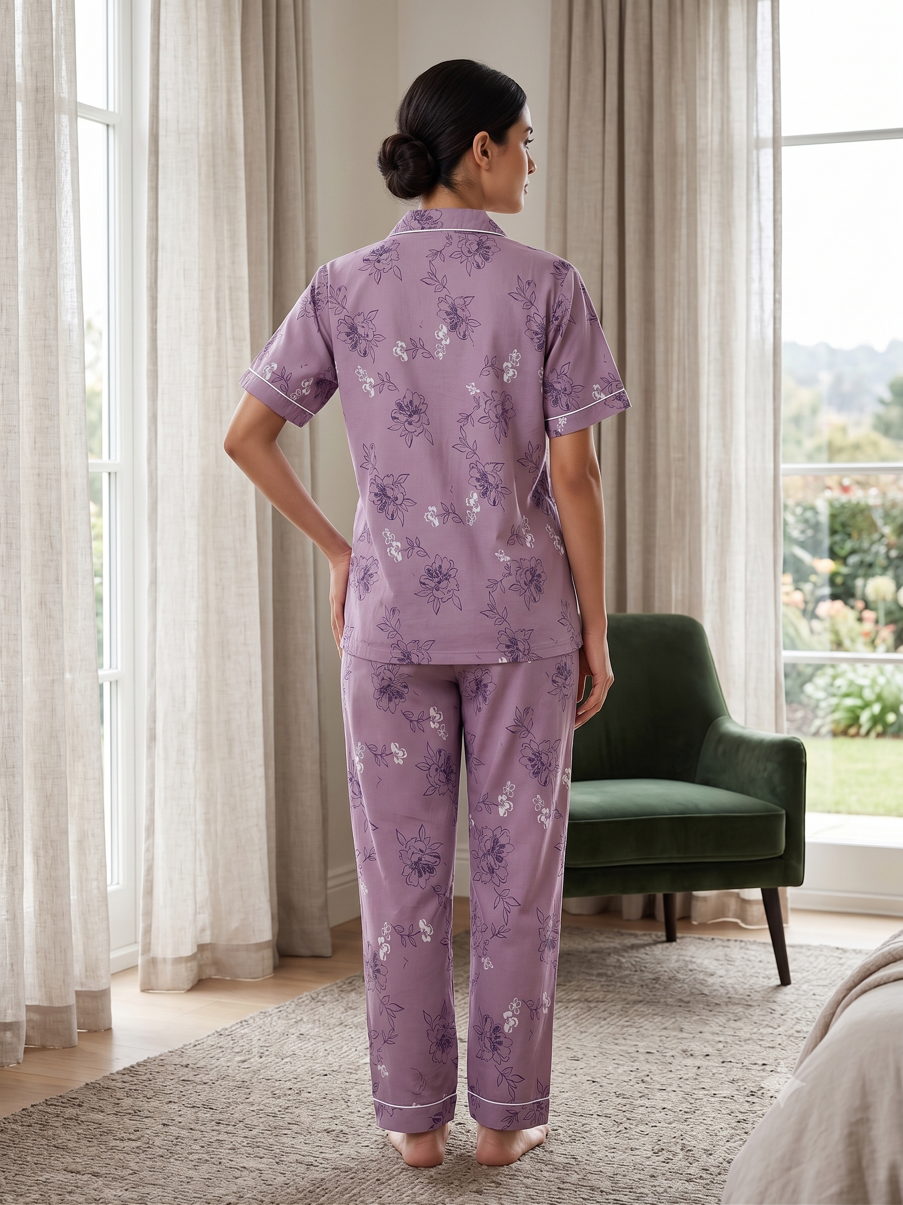 Premium Alfain Lavender Sketch Floral Co-ord Set,With Button-down front, notch collar, contrast black piping, elasticated waist.