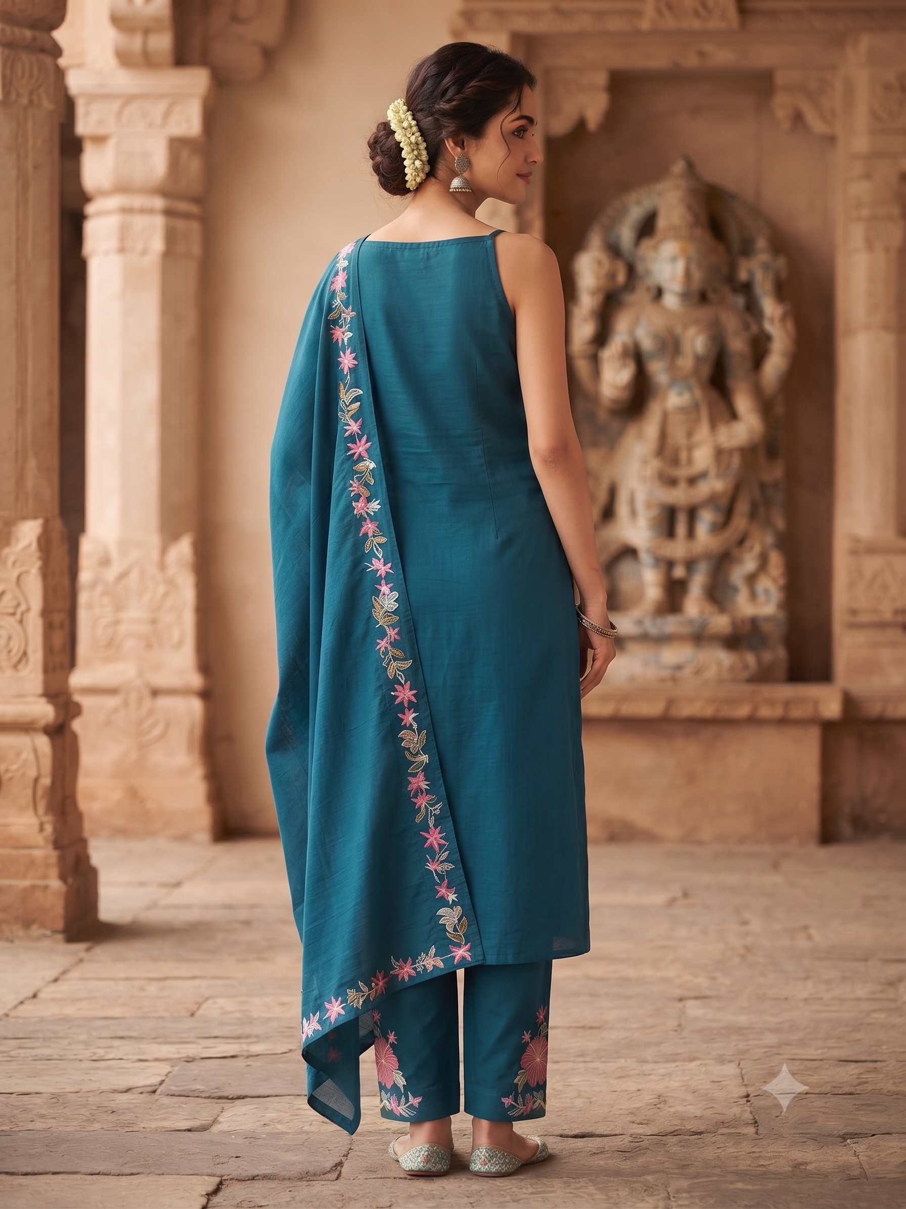Vibrant Teal Blue Embroidered Cotton 3-Piece Sleeveless Kurti Set