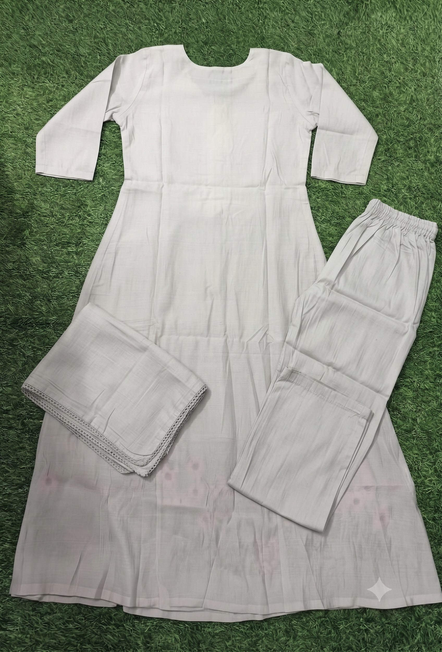Elegant Off-White Pleated and Embroidered 3-Piece Rayon Kurti Set