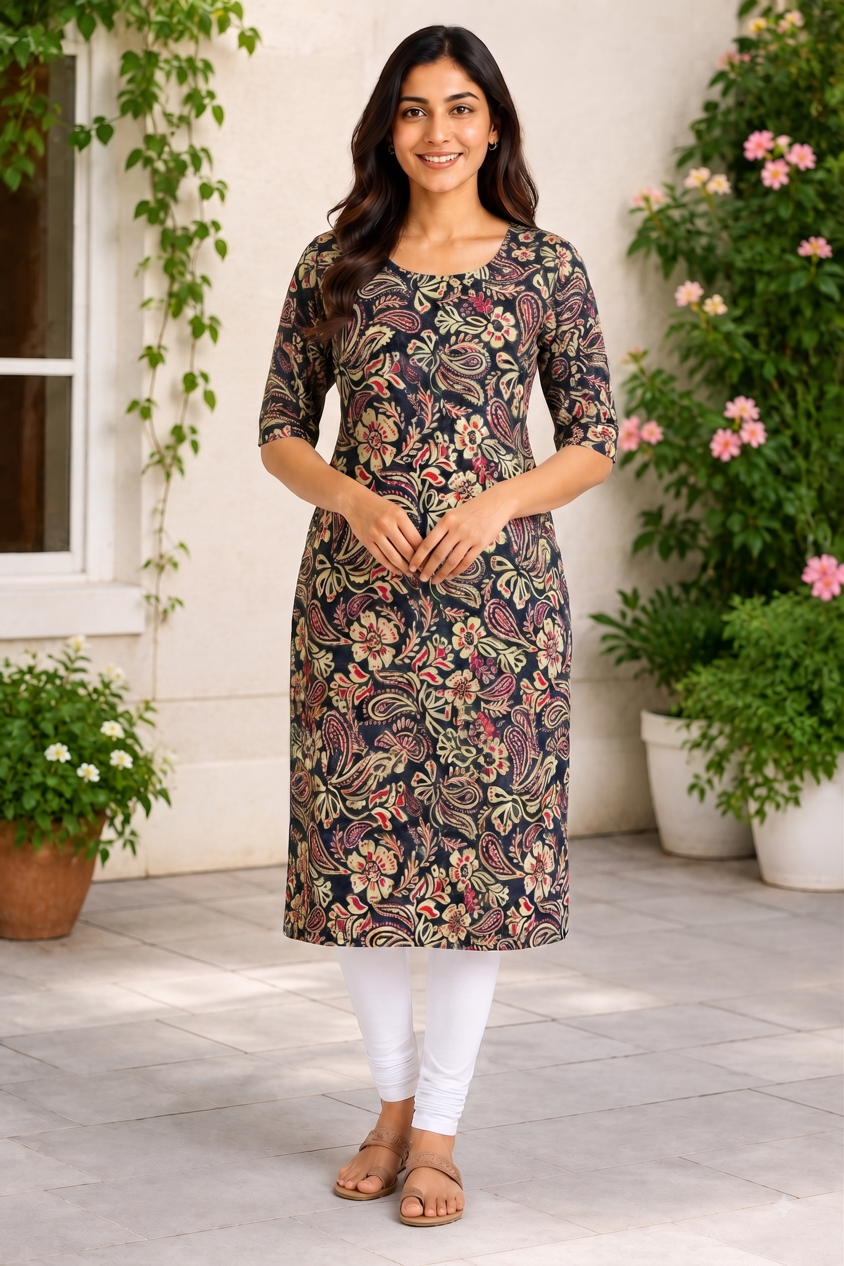 Women’s Navy Blue Floral Paisley Printed Cotton Straight-Cut Kurthi with Elbow Sleeves & Pocket